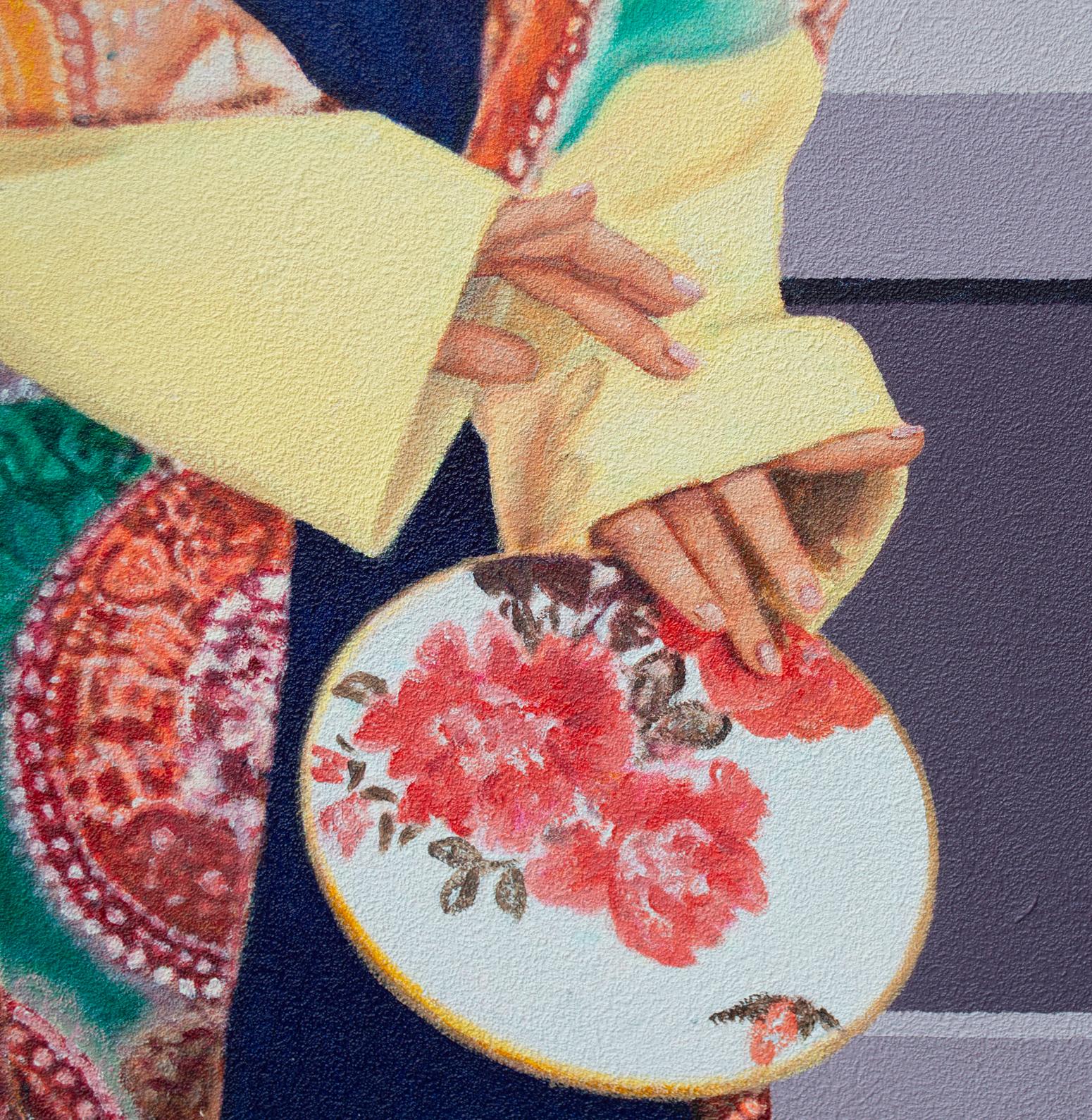 Quest'opera d'arte affascina con la sua miscela di elementi culturali e surreali. La figura centrale, una donna in bilico in un kimono tradizionale dell'Asia orientale, irradia eleganza attraverso intricati motivi floreali e colori vivaci. I suoi