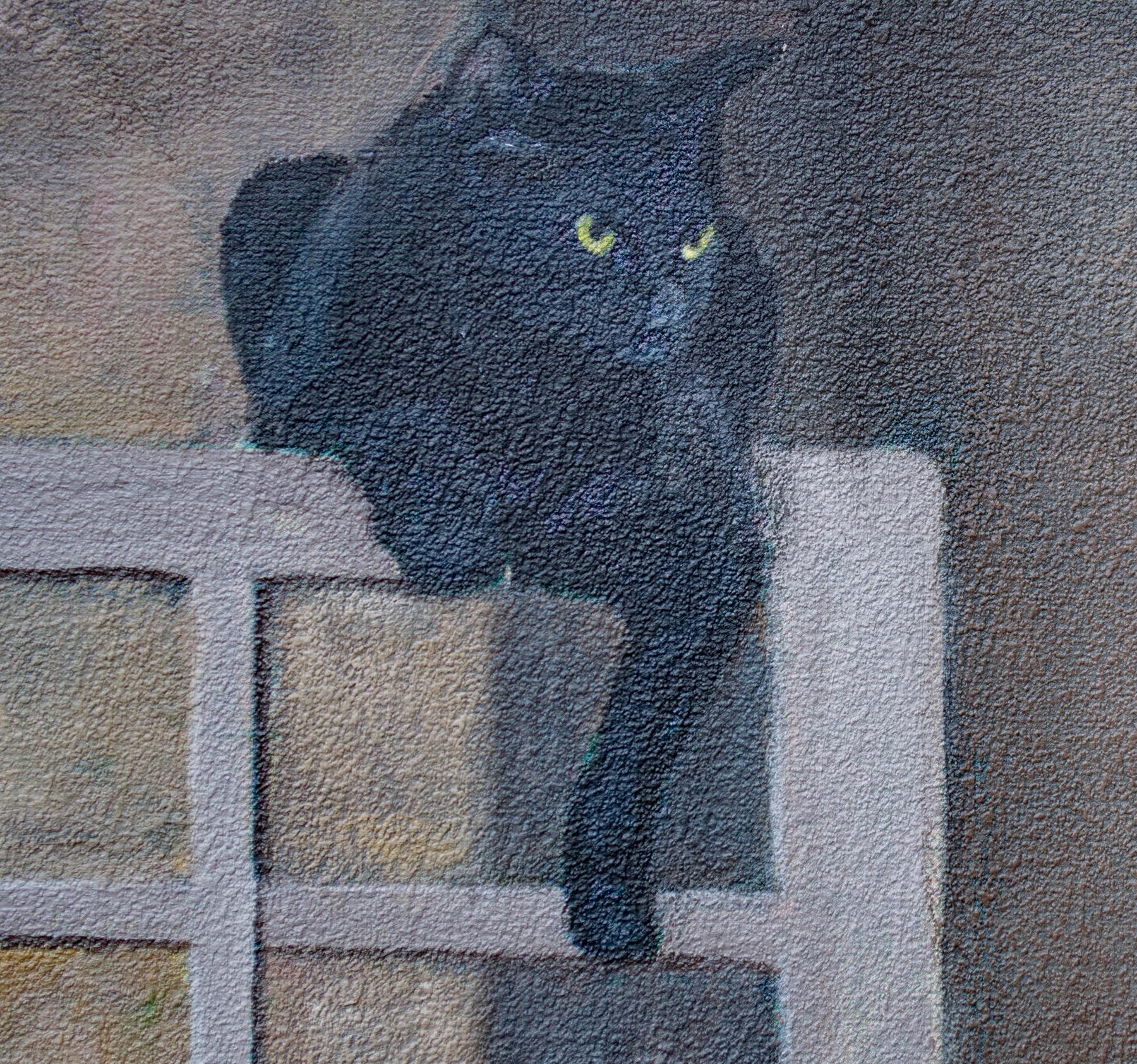 Once I lived in a private house.
We had four cats, and then we accidentally found the fifth.
Where he came from and how long he lived with us is unknown).
For texture on the primed canvas before painting, a layer of textured paste with small glass