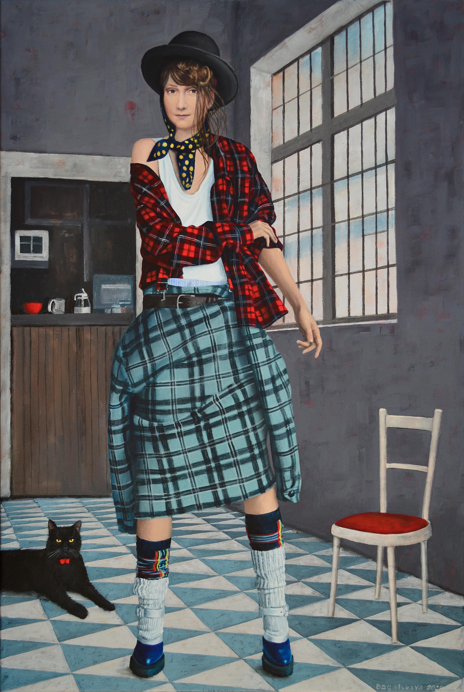 Nataliya Bagatskaya Figurative Painting – Contemporary portrait "Neuer Look für eine alte Jacke"