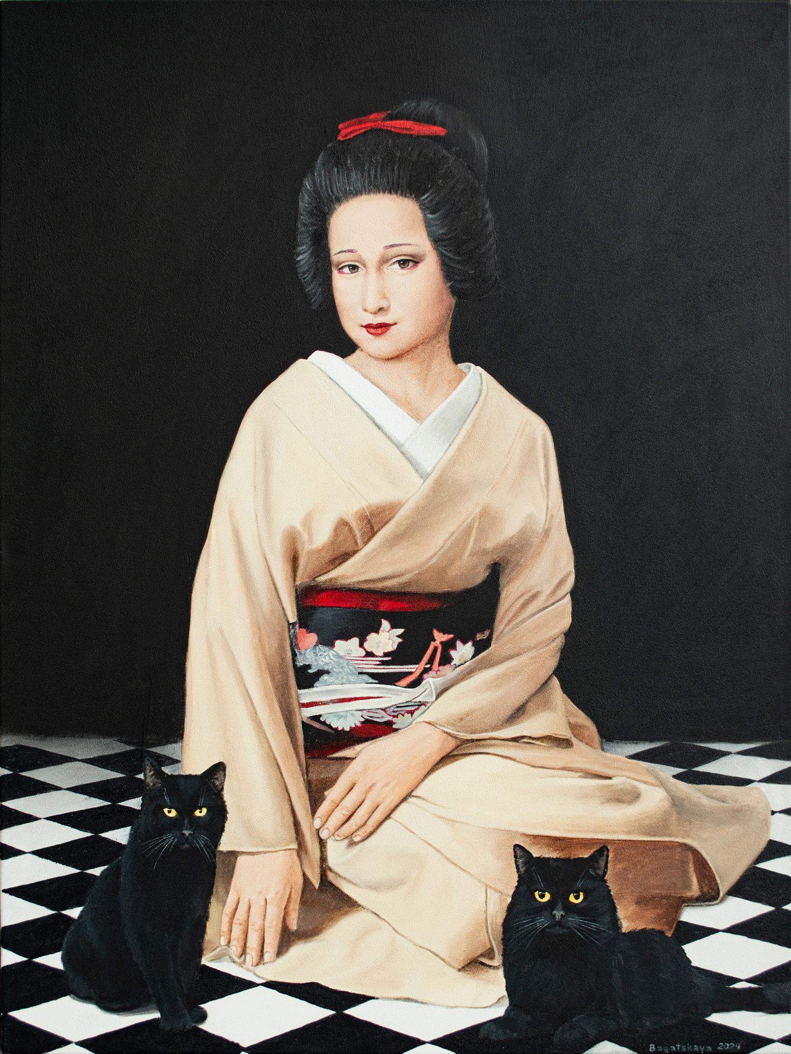 Portrait Painting de Nataliya Bagatskaya - Retrato contemporáneo "El secreto del kimono y los gatos"