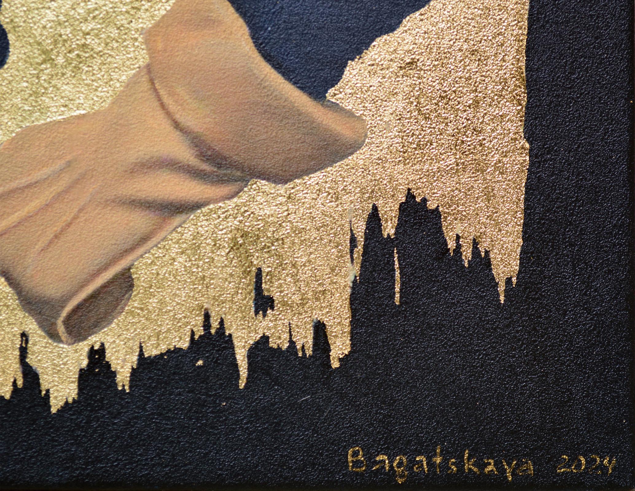 In this piece, I've captured a blend of realism and symbolism using acrylic and lacquer, focusing on the textured depth and emotional resonance. The subject wears yellow leather gloves, symbolizing protection and delicacy, contrasting against the