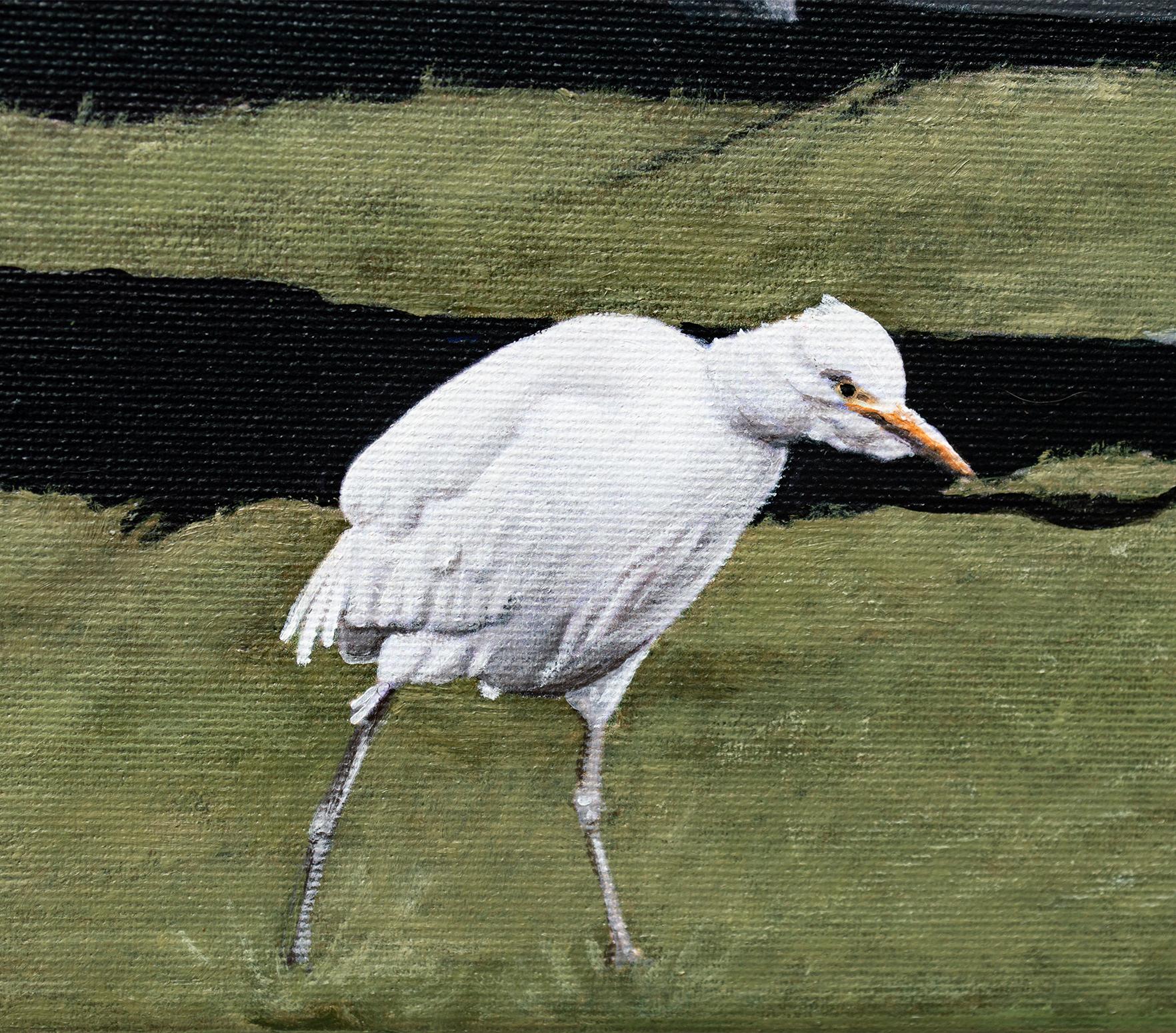 El cuadro nos transporta a un mundo en el que se funden la realidad y el absurdo. Una vieja casa contrasta con un cielo oscuro que parece un abismo. Una vaca pasta tranquilamente, destacando sobre la hierba verde. Una garza se aleja del viejo mundo,