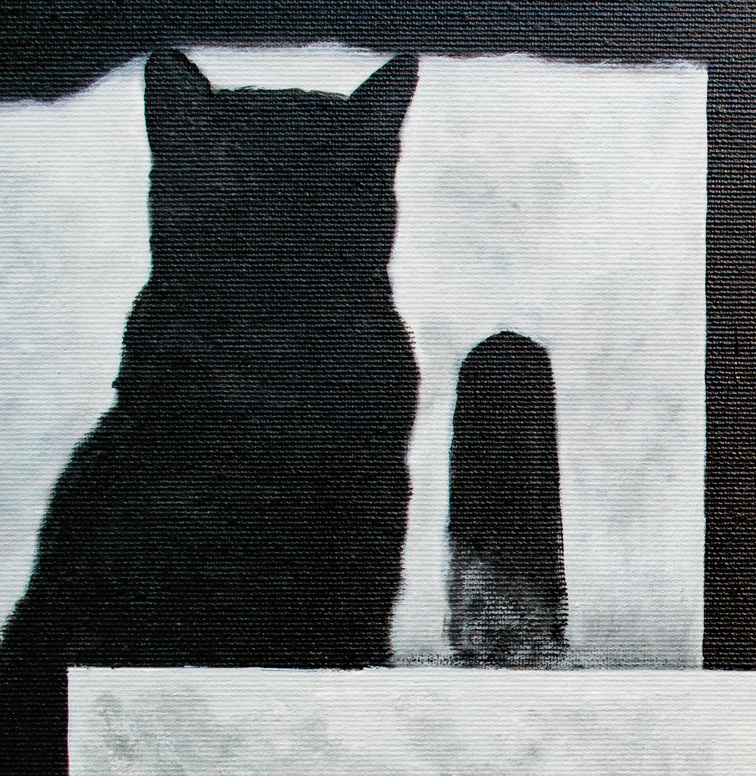 Questo pezzo visivamente affascinante esplora l'identità attraverso una lente minimalista, mescolando un realismo spoglio con un'astrazione geometrica. Una figura in nero - in bilico, introspettiva e protetta da occhiali da sole scuri - siede al