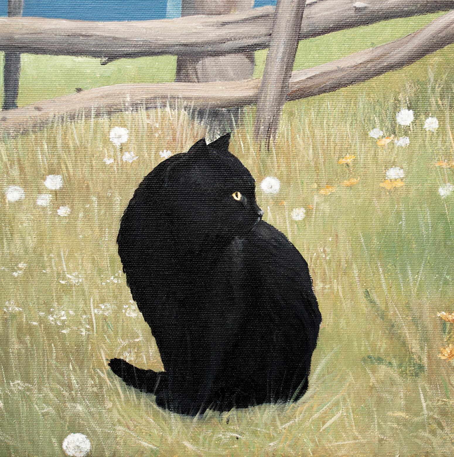 There is a pause between two worlds — and in that pause, she sits. Barefoot, dressed in black, the woman rests against a handmade wooden fence, surrounded by the quiet pulse of nature. A black cat guards her solitude, while a crow — messenger of