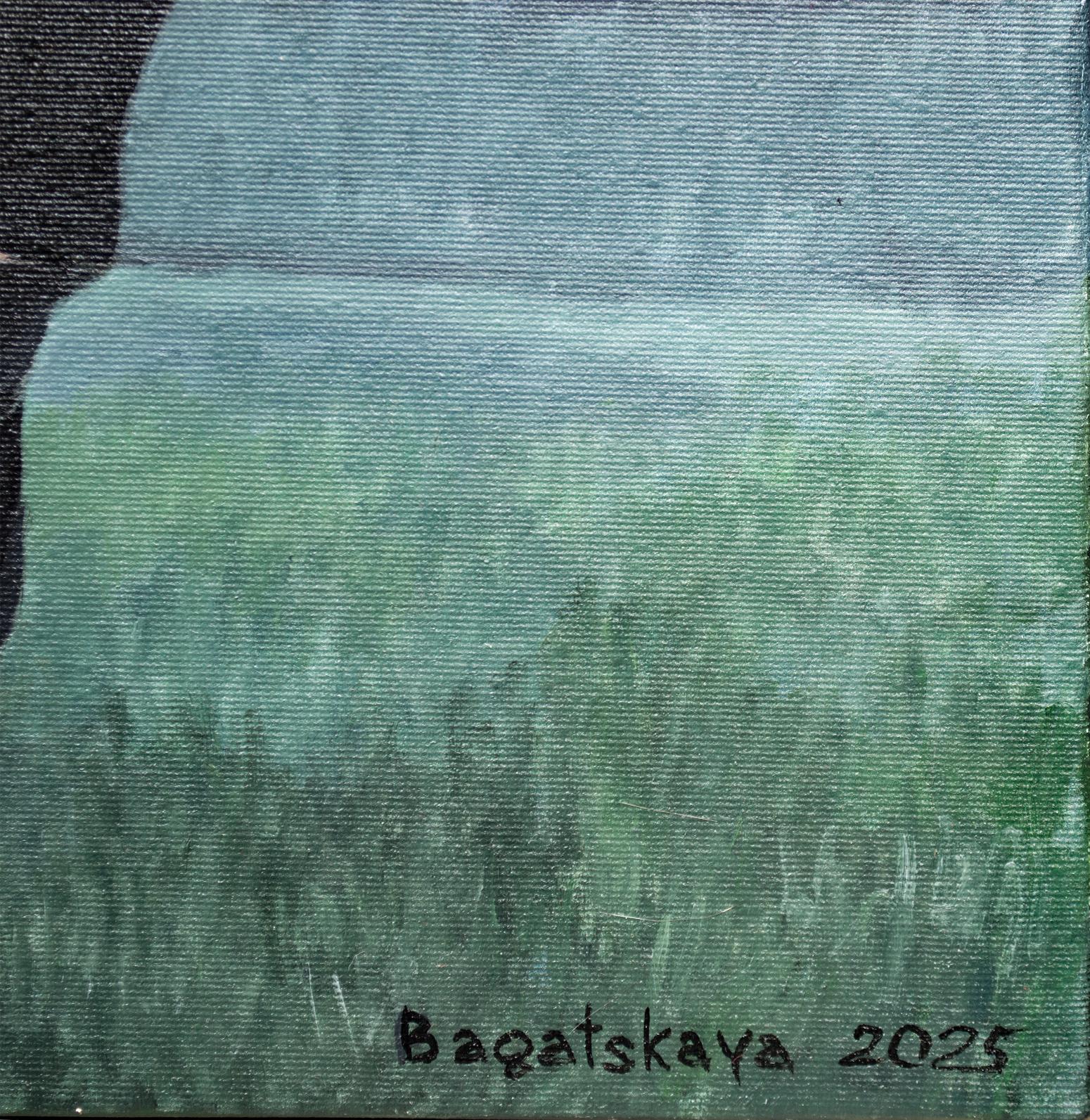 Cette peinture contemplative représente une figure féminine solitaire vue de dos, sur fond de ciel dramatique et changeant. Ses longs cheveux blonds tressés et sa casquette de baseball turquoise distinctive offrent un contraste saisissant avec les