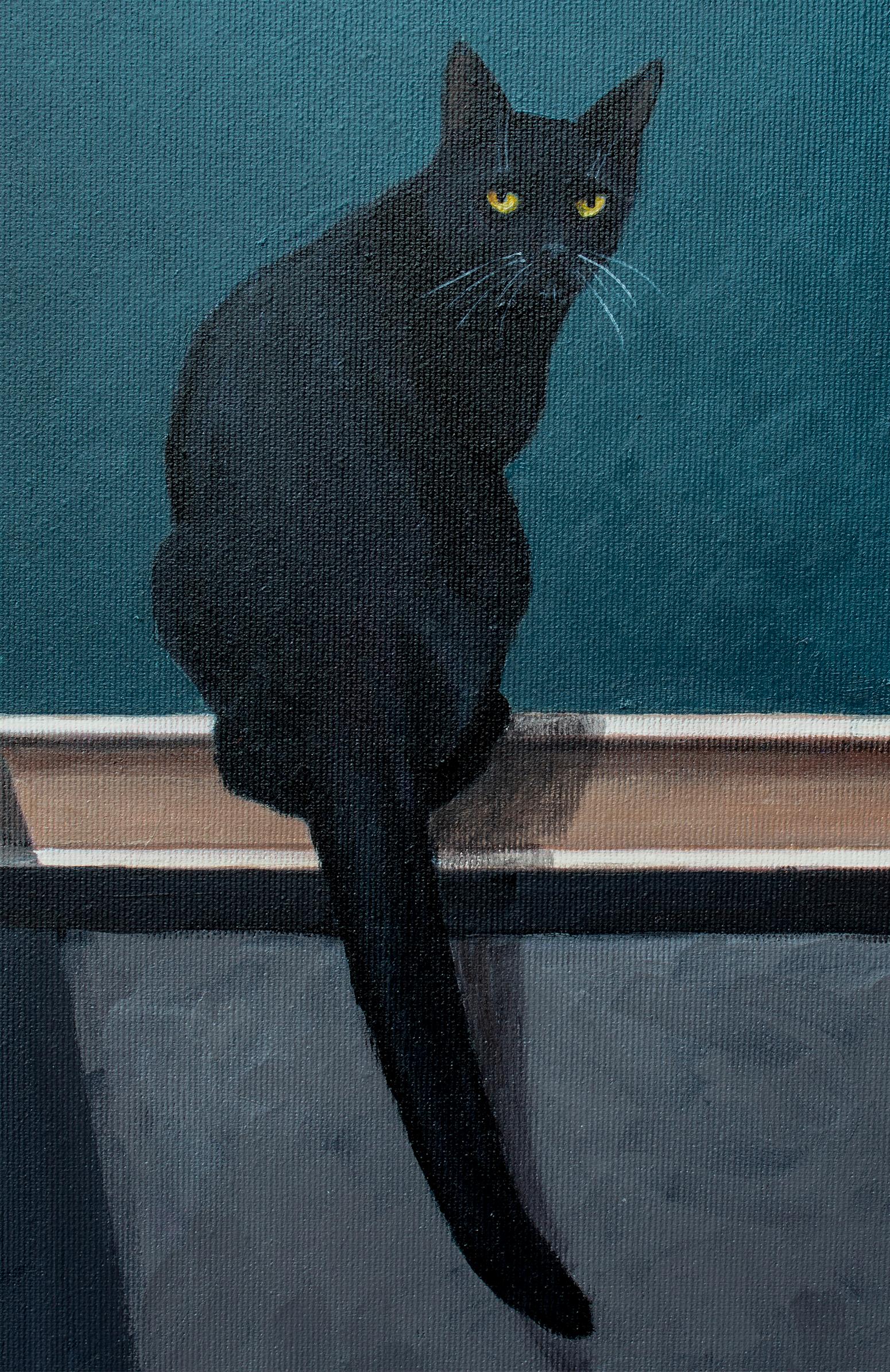 Sul tetto con un gatto - Portrait Painting Nero di Nataliya Bagatskaya