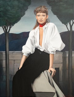 "Red Scarf Painting", Contemporary Figurative Art, Signed