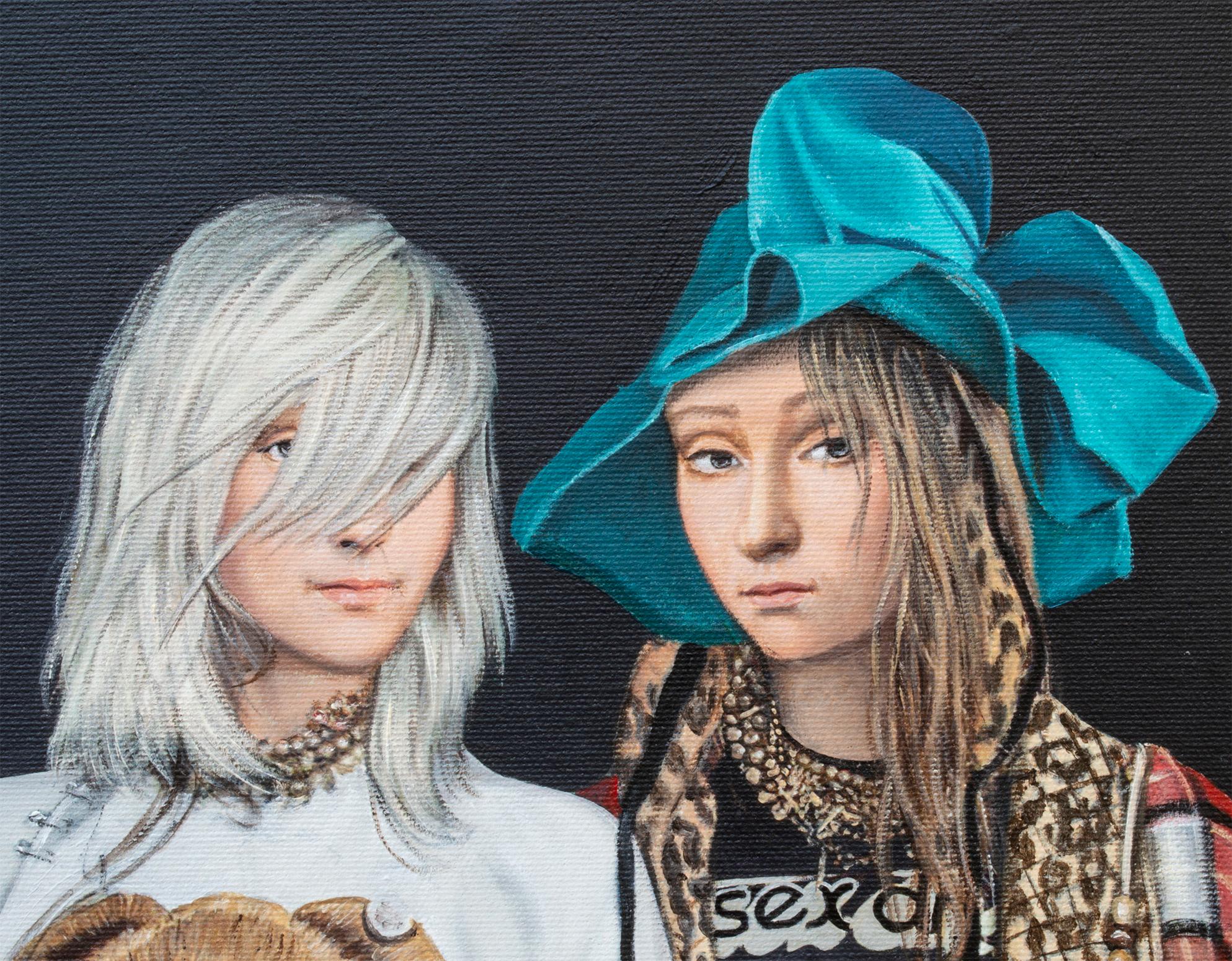 Step into a world where innocence meets subtle critique. Two fashion-forward figures stand beneath ancient baobabs as the crimson sunset fades, while a crocodile holds a red ribbon beside a fallen cap and tie — discreet symbols of authority, vanity,