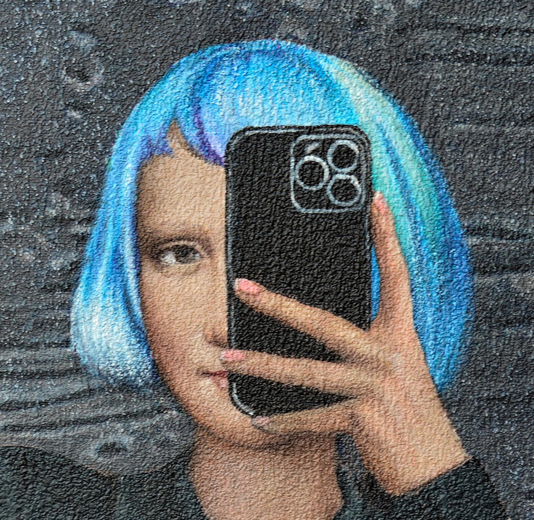 Selfie mit Banksy-Kunst (Realismus), Painting, von Nataliya Bagatskaya