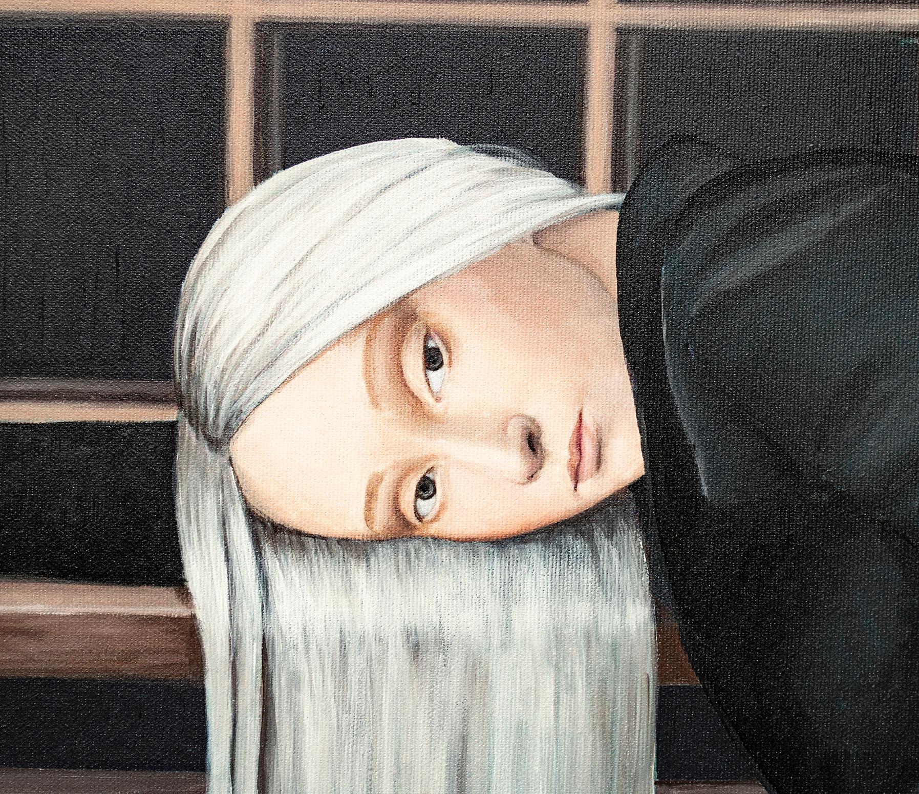 S'asseoir gracieusement pendant que le monde s'écroule - Noir Portrait Painting par Nataliya Bagatskaya