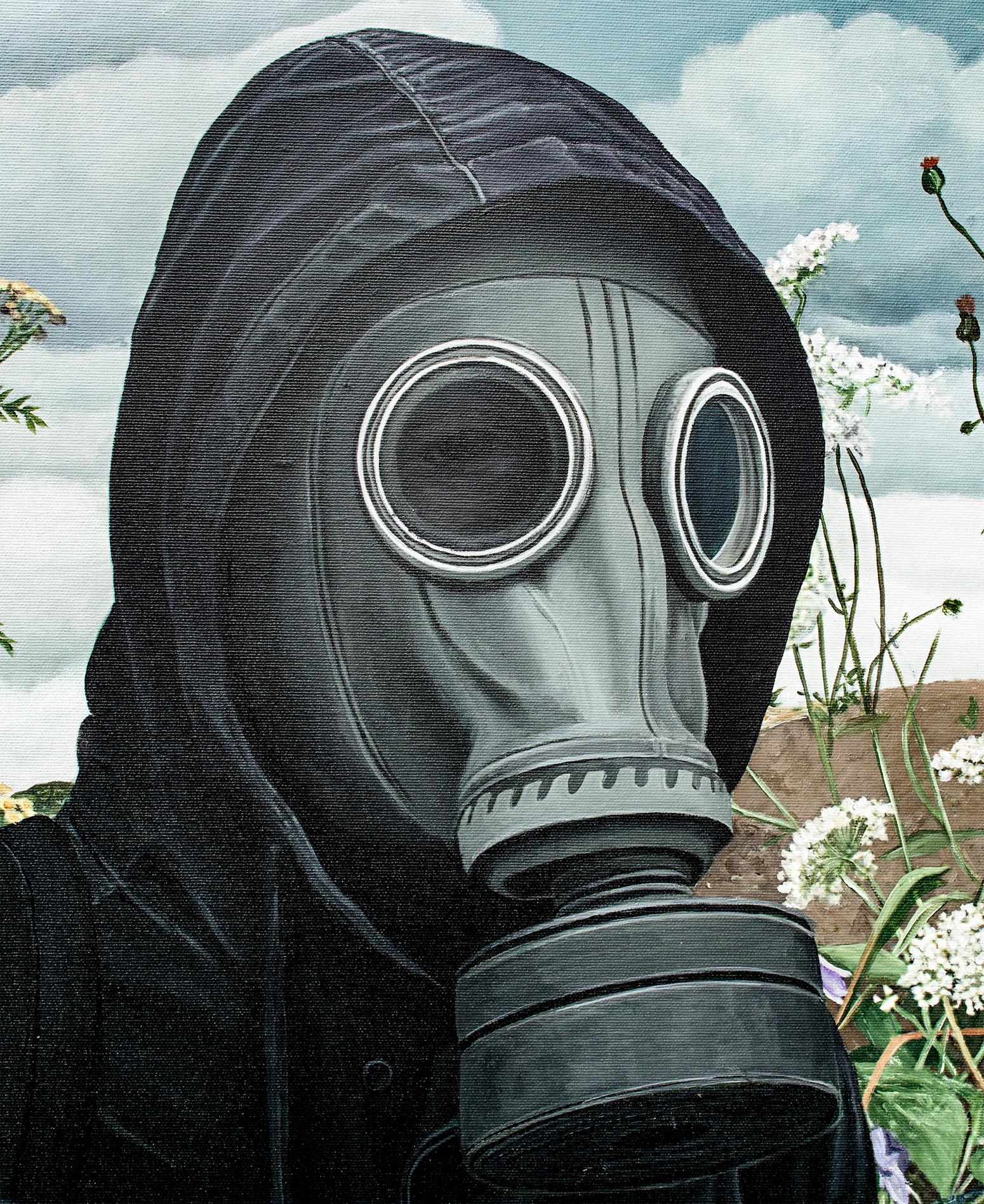 This artwork confronts the viewer with a contemporary allegory: a dark figure in a gas mask against a field of yellow flowers, beneath a grey, unsettled sky. It is a bold and symbolic composition, where human vulnerability meets the quiet