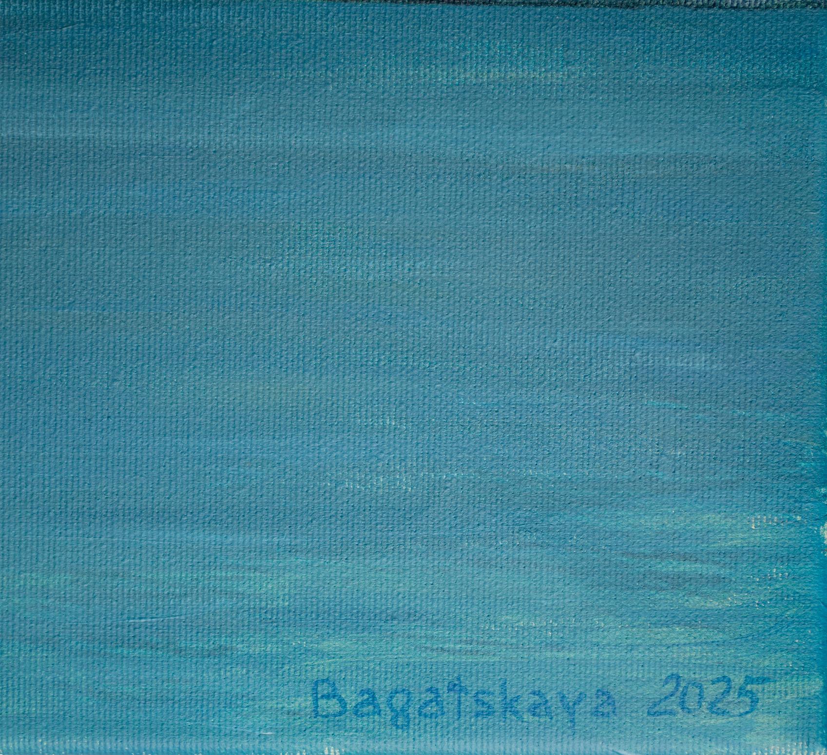 This painting captures a serene moment of suspended time. A young woman stands at the edge of a diving board, her white dress stirred gently by a passing breeze. Against a vast cobalt sky broken only by a single drifting cloud, she appears poised