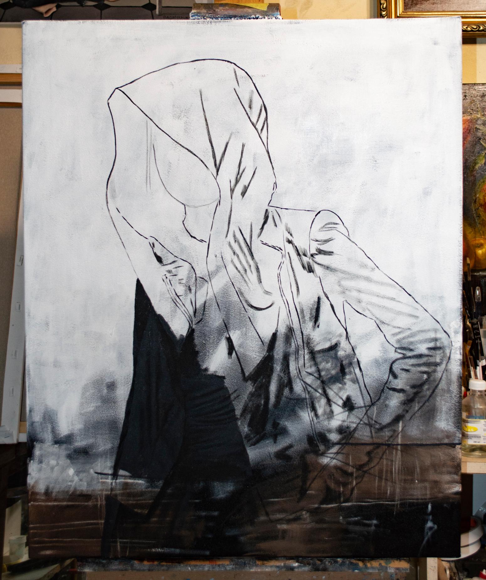 This artwork presents a striking figure in a black hooded jacket, exuding mystery and confidence. The subject stands with hands in pockets, partially obscured face adding intrigue. Set against a muted, abstract background, the composition contrasts