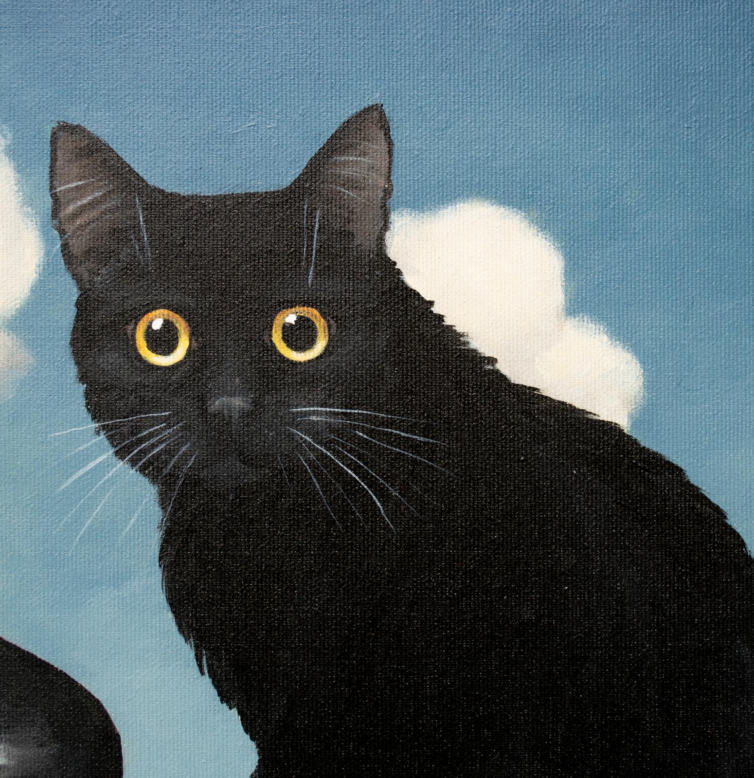 Dieses Gemälde lädt den Betrachter in einen ruhigen, surrealen Moment ein, der zwischen Realität und Traum schwebt. Eine junge, schwarz gekleidete Frau lehnt sich nach vorne an einen runden Holztisch. Ihre Haltung lässt auf Erschöpfung,