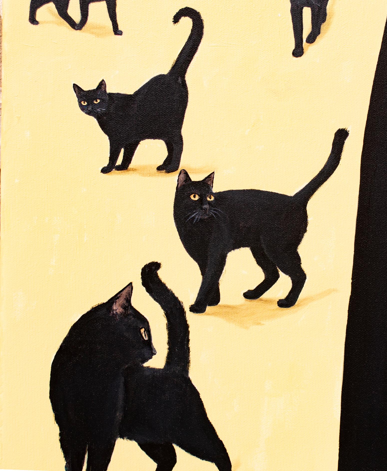A striking painting blending Renaissance poise with surreal symbolism. A dignified woman in a dark gown stands in a sunlit garden surrounded by black cats — timeless emblems of mystery and independence. The scene evokes a sense of calm power,