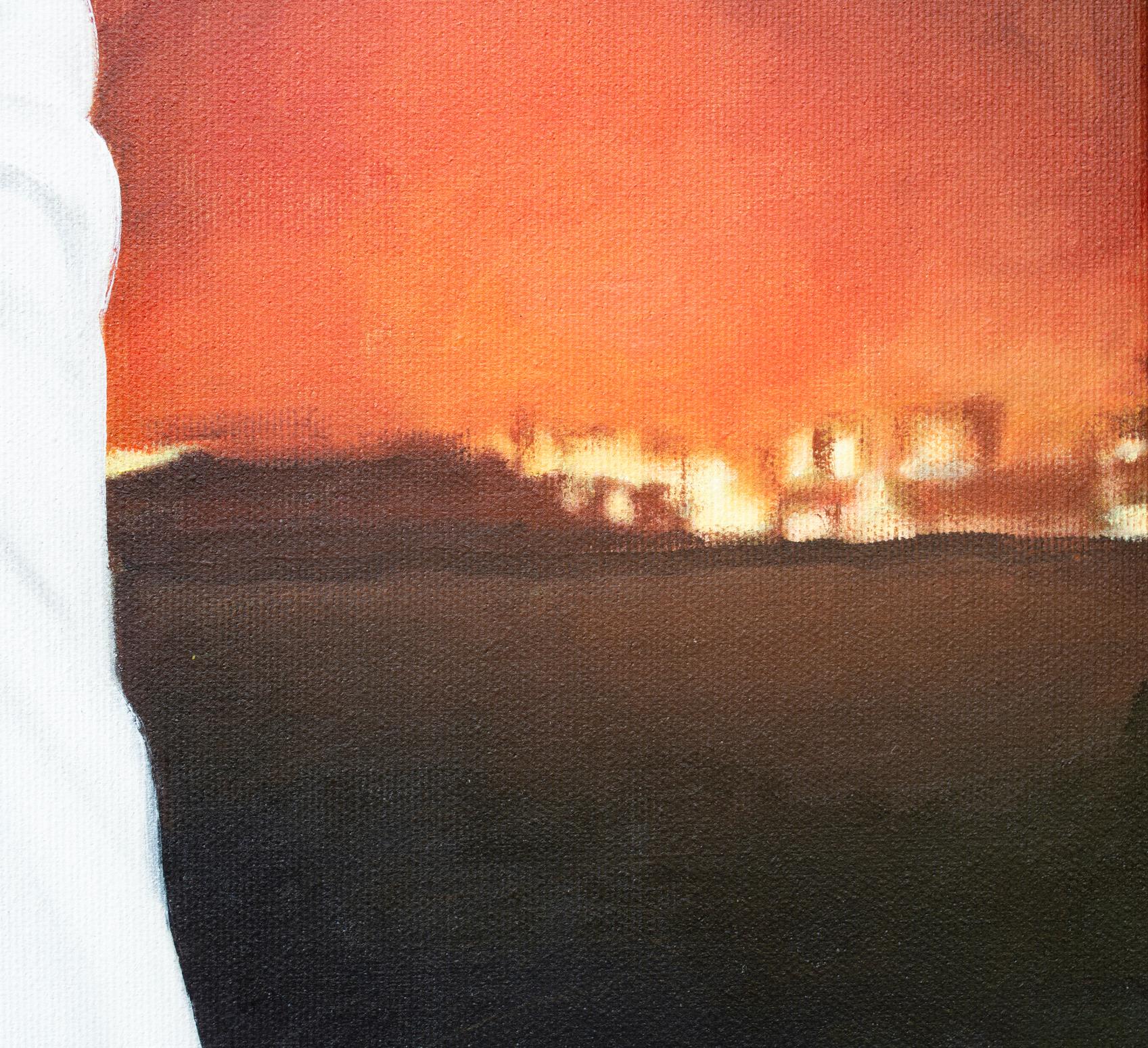 This commanding painting unfolds as a symbolic and psychological allegory. A female figure, draped in white and armored with chainmail, holds a grenade in the form of our planet. Behind her, flames and smoke rise across the horizon, echoing the