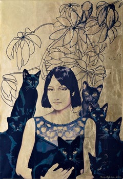 Gravure contemporaine "Seven Black Cats" (Sept chats noirs)