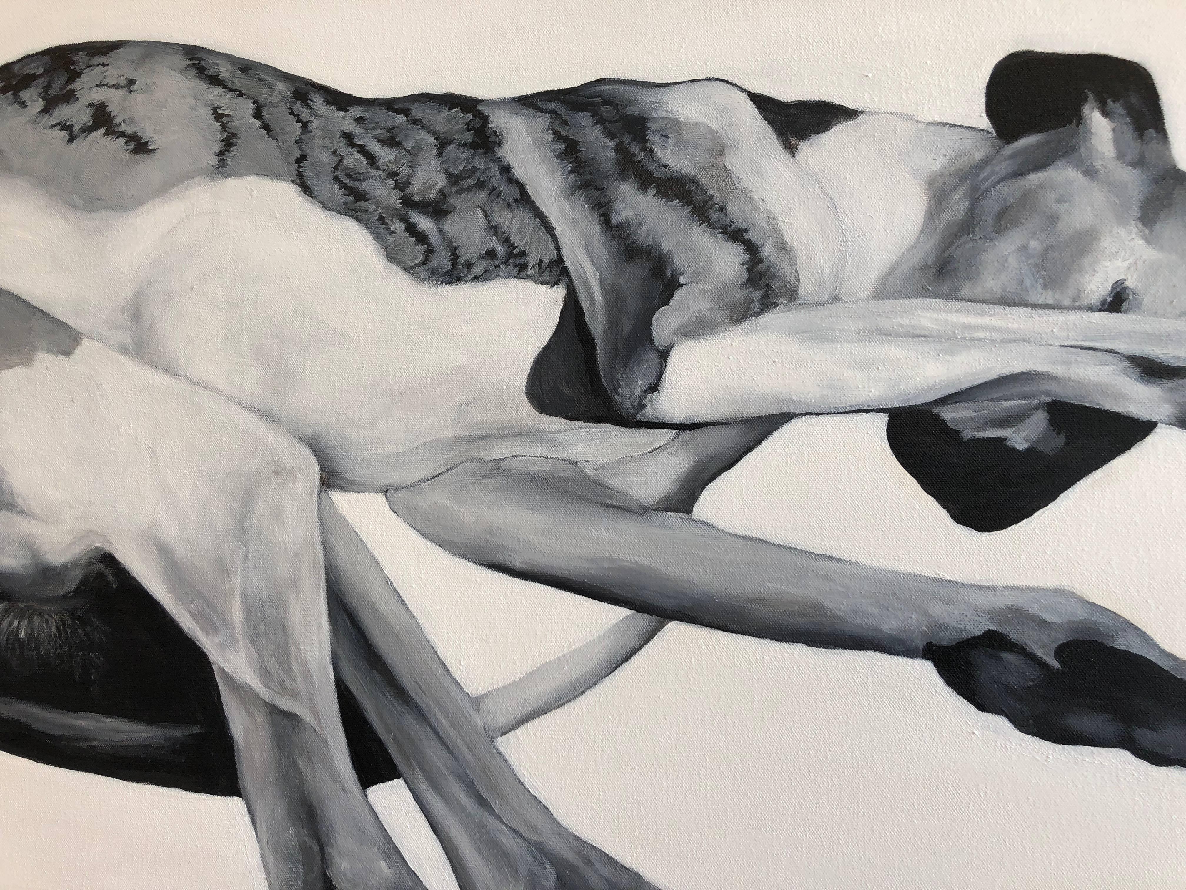 A painting on canvas from a new boy of work by Nataliya Hines titled 'At Rest,' building on the success of her premiere show 'Sighthound' in 2017. The works is an extension of the allegorical conceptualization of socio-sexually dynamics, a topic the