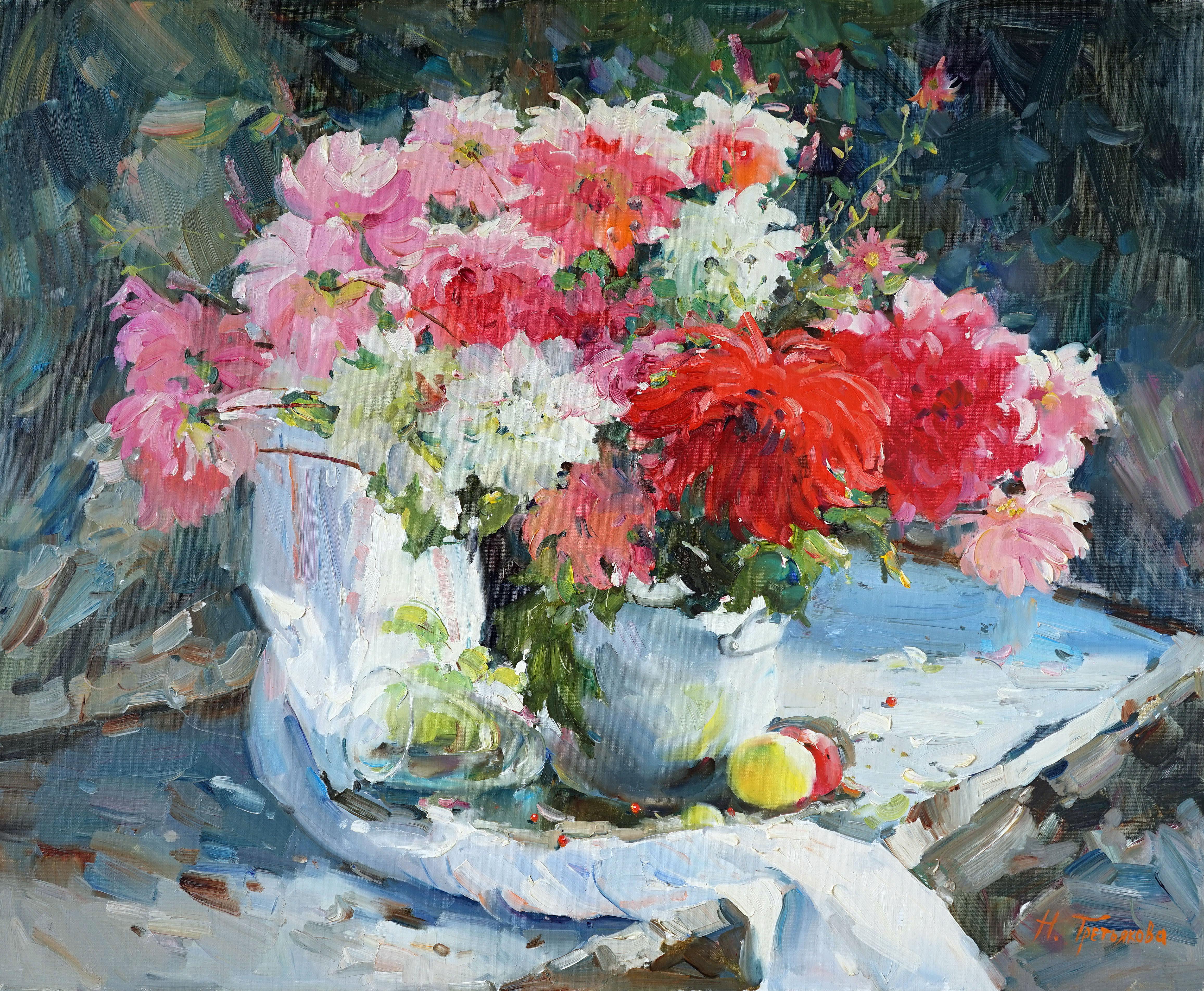 Flowers On the Sun Still-Life Oil Painting Red Pink White Green Brown Blue Grey 