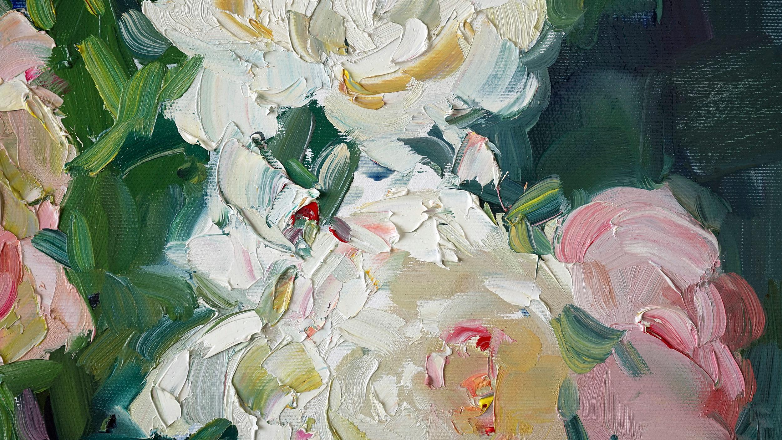 Garden Flowers - Still-Life Oil Painting Red Pink White Green Brown Blue Grey  1