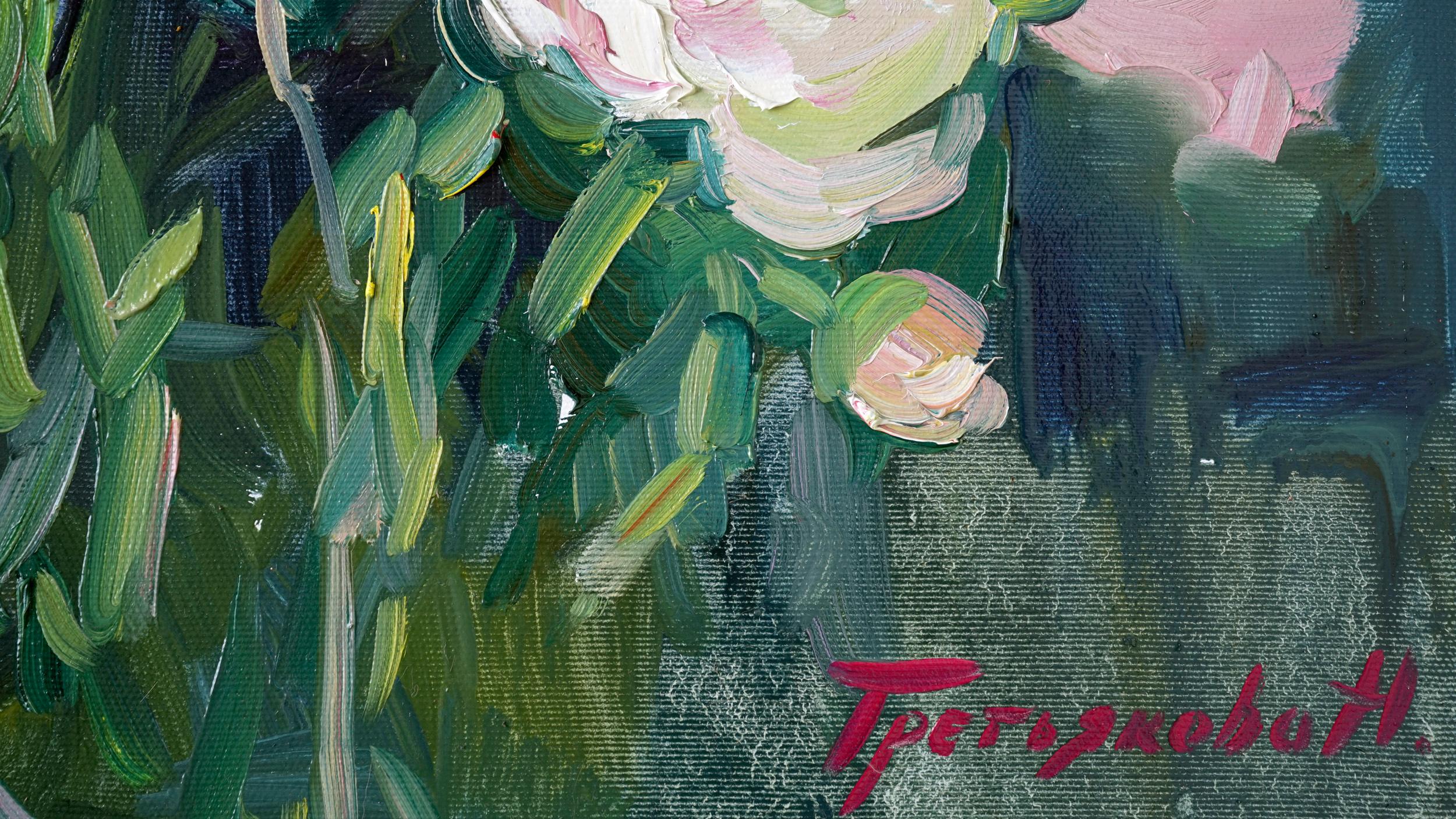 Garden Flowers - Still-Life Oil Painting Red Pink White Green Brown Blue Grey  3