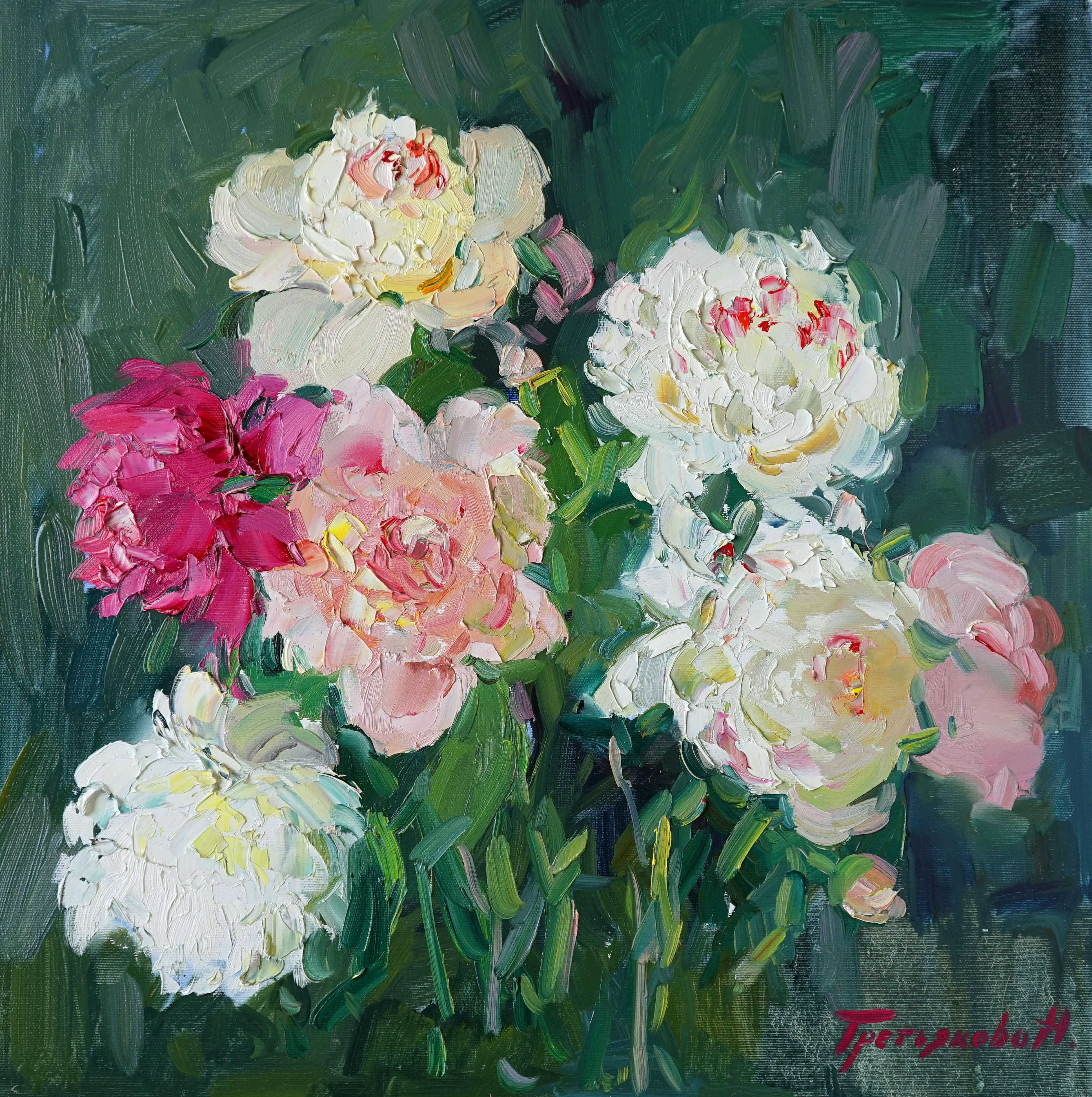 Garden Flowers - Still-Life Oil Painting Red Pink White Green Brown Blue Grey 