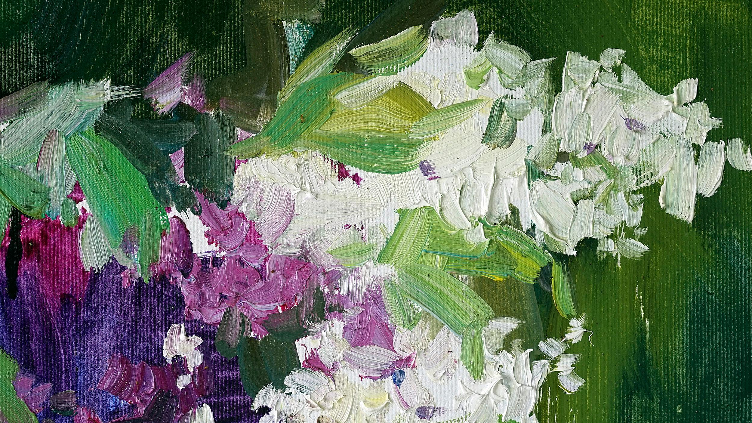 Lilac and Lilies of the Valley Still-Life Oil Painting Purple Pink White Green  - Black Still-Life Painting by Nataliya Tretyakova
