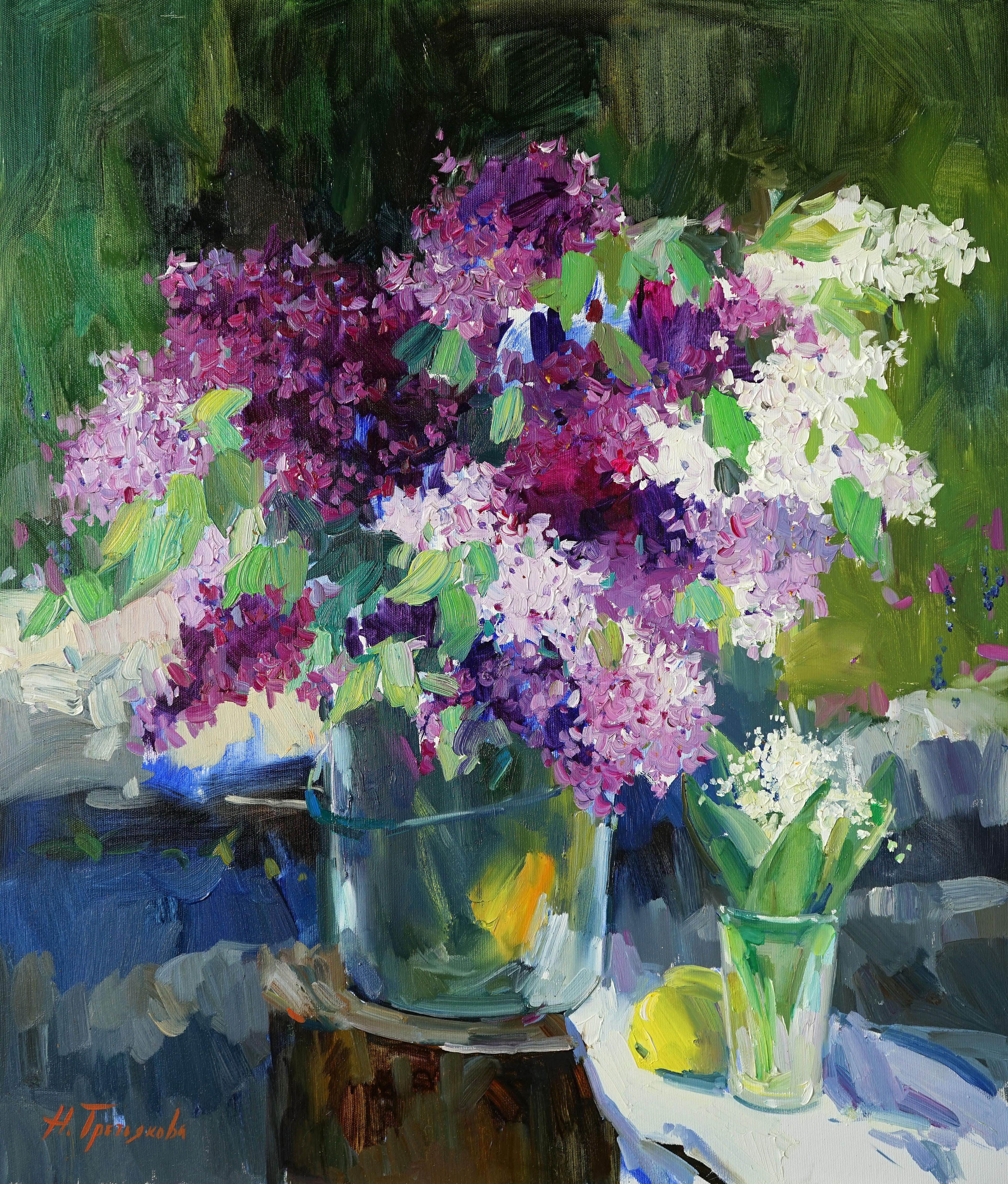 Nataliya Tretyakova Still-Life Painting - Lilac and Lilies of the Valley Still-Life Oil Painting Purple Pink White Green 
