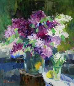 Lilac and Lilies of the Valley Still-Life Oil Painting Purple Pink White Green 