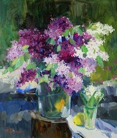 Lilac and Lilies of the Valley Still-Life Oil Painting Purple Pink White Green