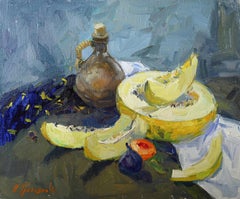 Melon - Still-Life Oil Painting Red Pink White Green Brown Blue Grey 