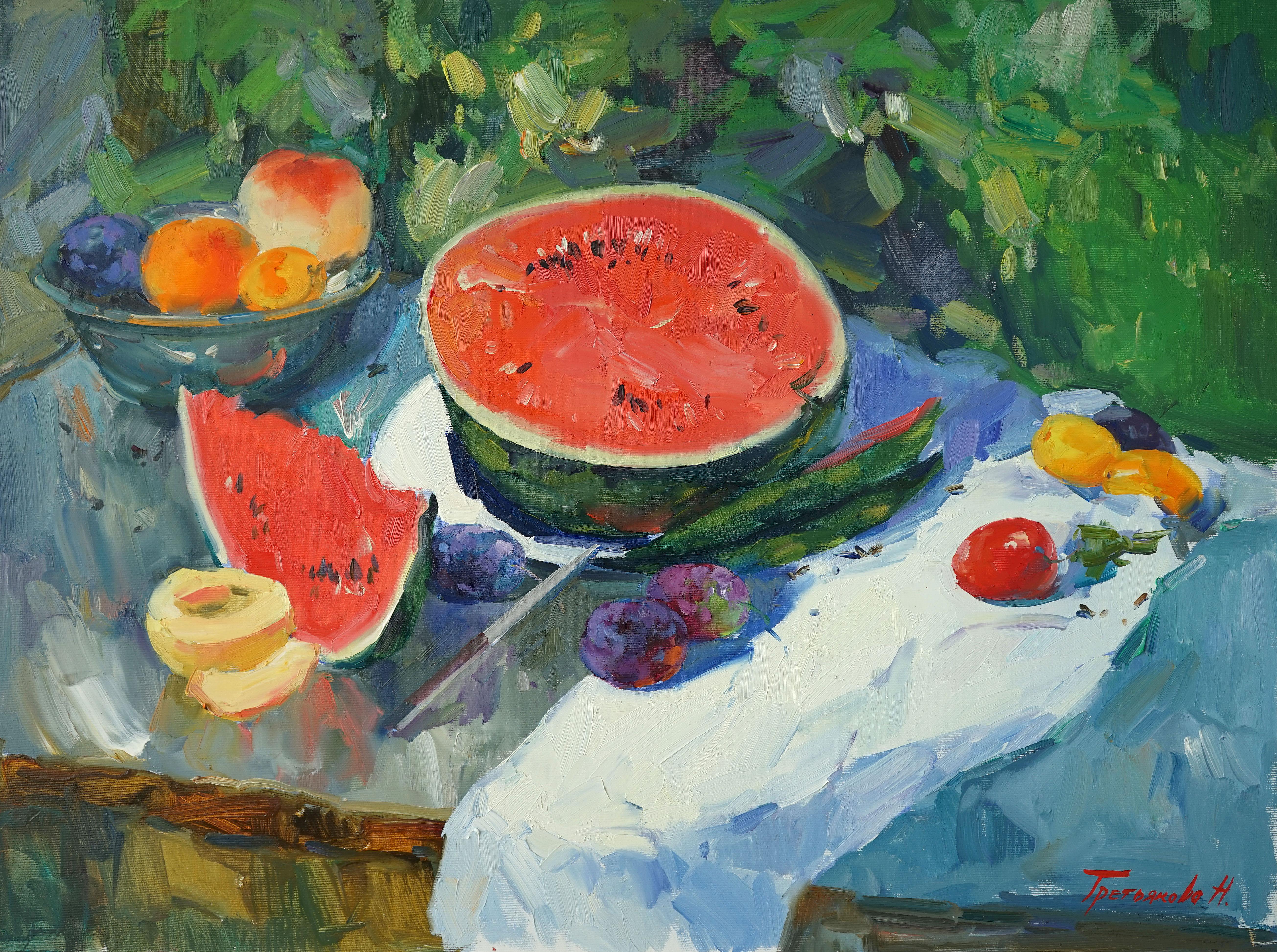 Sweet watermelon - Still-Life Oil Painting Red Pink White Green Brown Blue Grey 