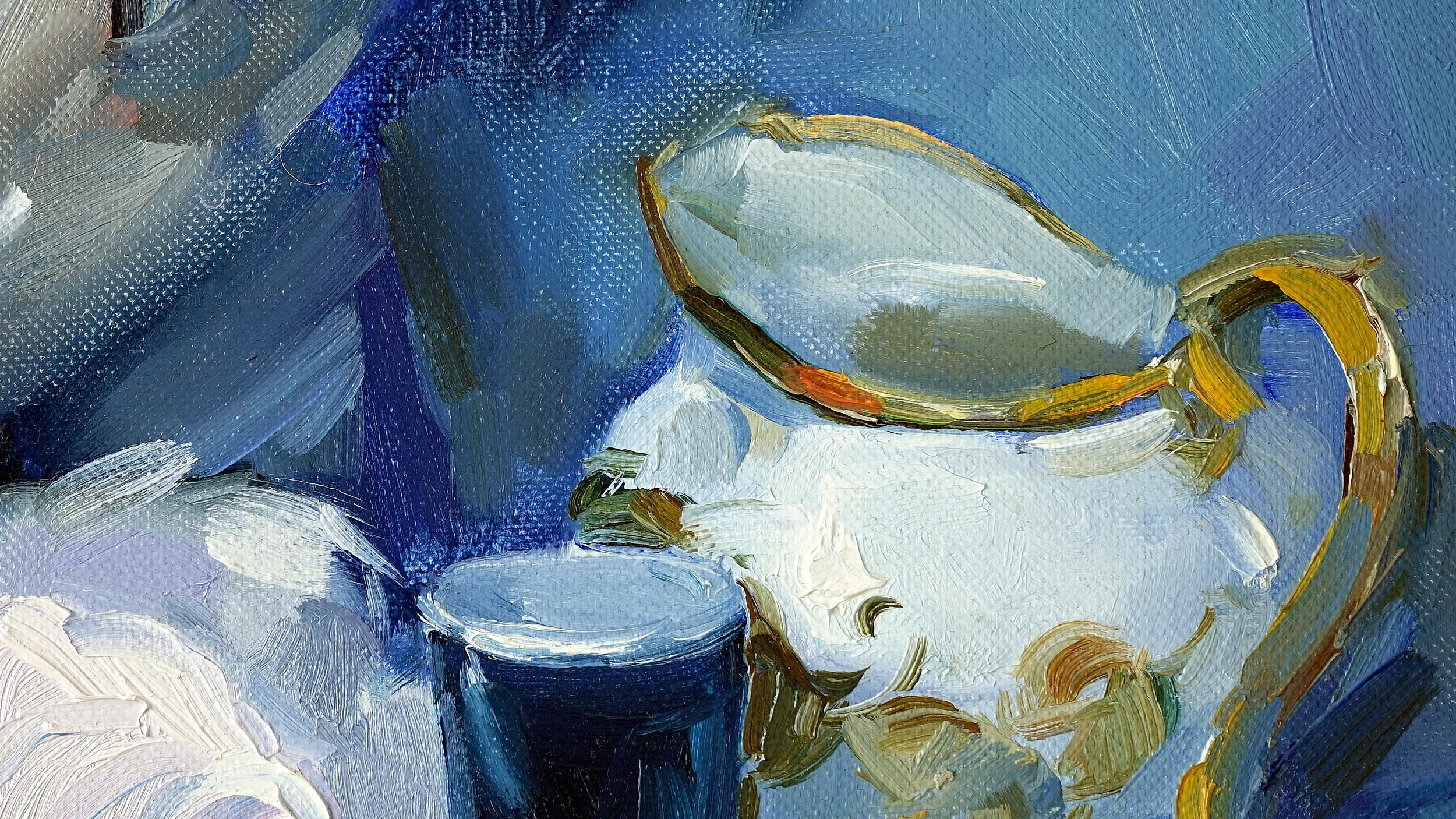 Tea Time - Still-Life Oil Painting Red Pink White Green Brown Blue Grey  1