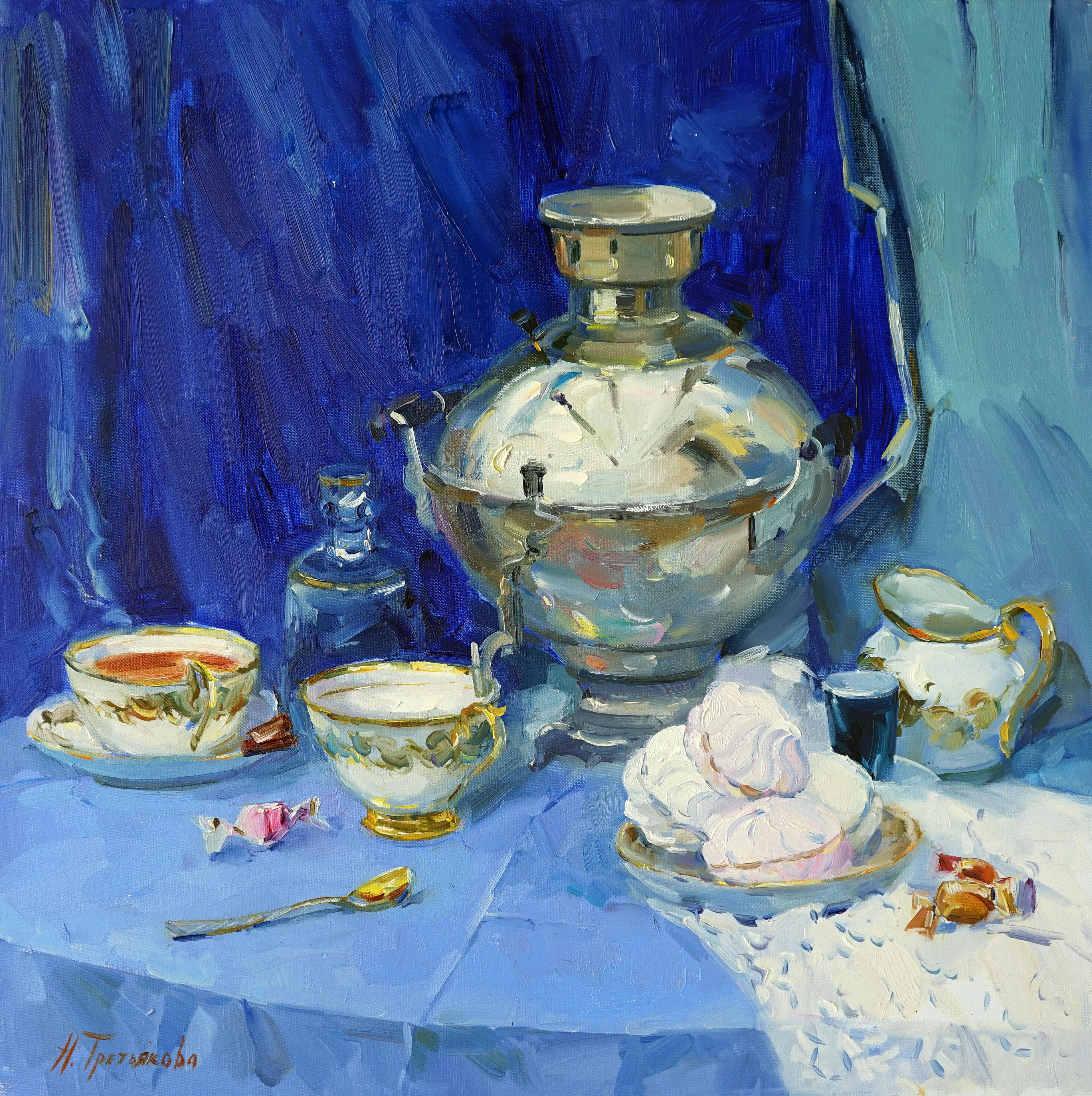 Nataliya Tretyakova Still-Life Painting - Tea Time - Still-Life Oil Painting Red Pink White Green Brown Blue Grey 