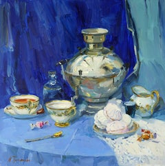 Tea Time - Still-Life Oil Painting Red Pink White Green Brown Blue Grey 