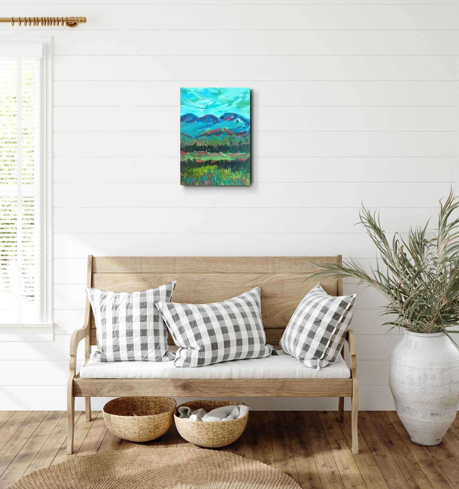 Huile impressionniste contemporaine paysage de montagne  peinture sur toile - Bleu Abstract Painting par Natalya Mougenot 