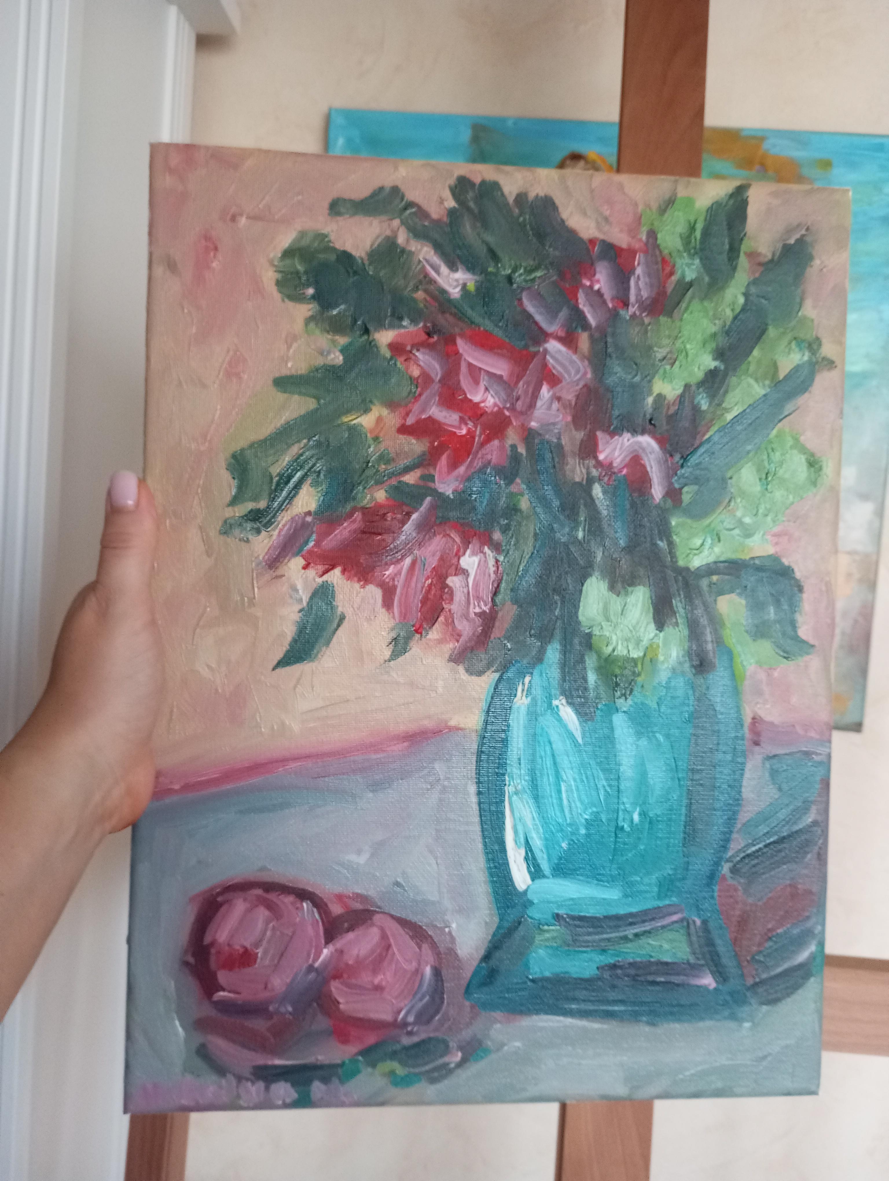 Cuadro al óleo impresionista contemporáneo Rosas florales sobre lienzo listo para colgar en venta 11