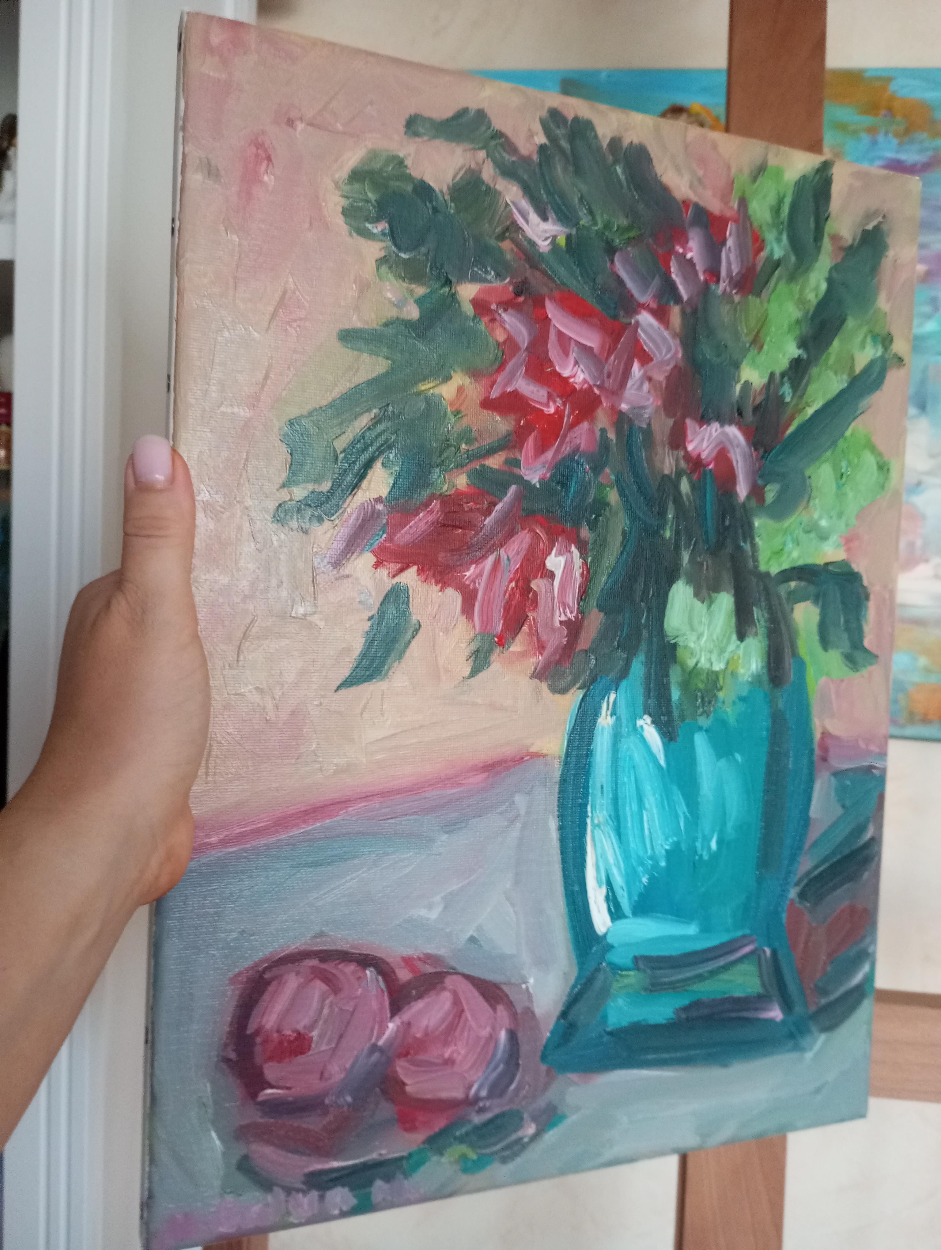 Cuadro al óleo impresionista contemporáneo Rosas florales sobre lienzo listo para colgar en venta 12