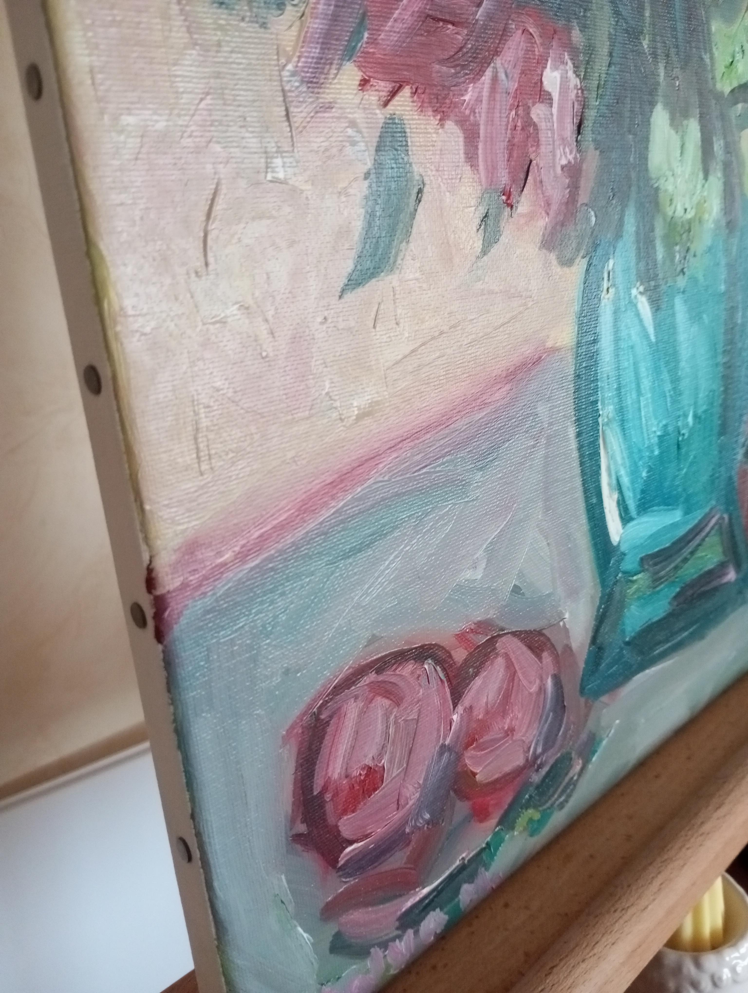 Cuadro al óleo impresionista contemporáneo Rosas florales sobre lienzo listo para colgar en venta 13