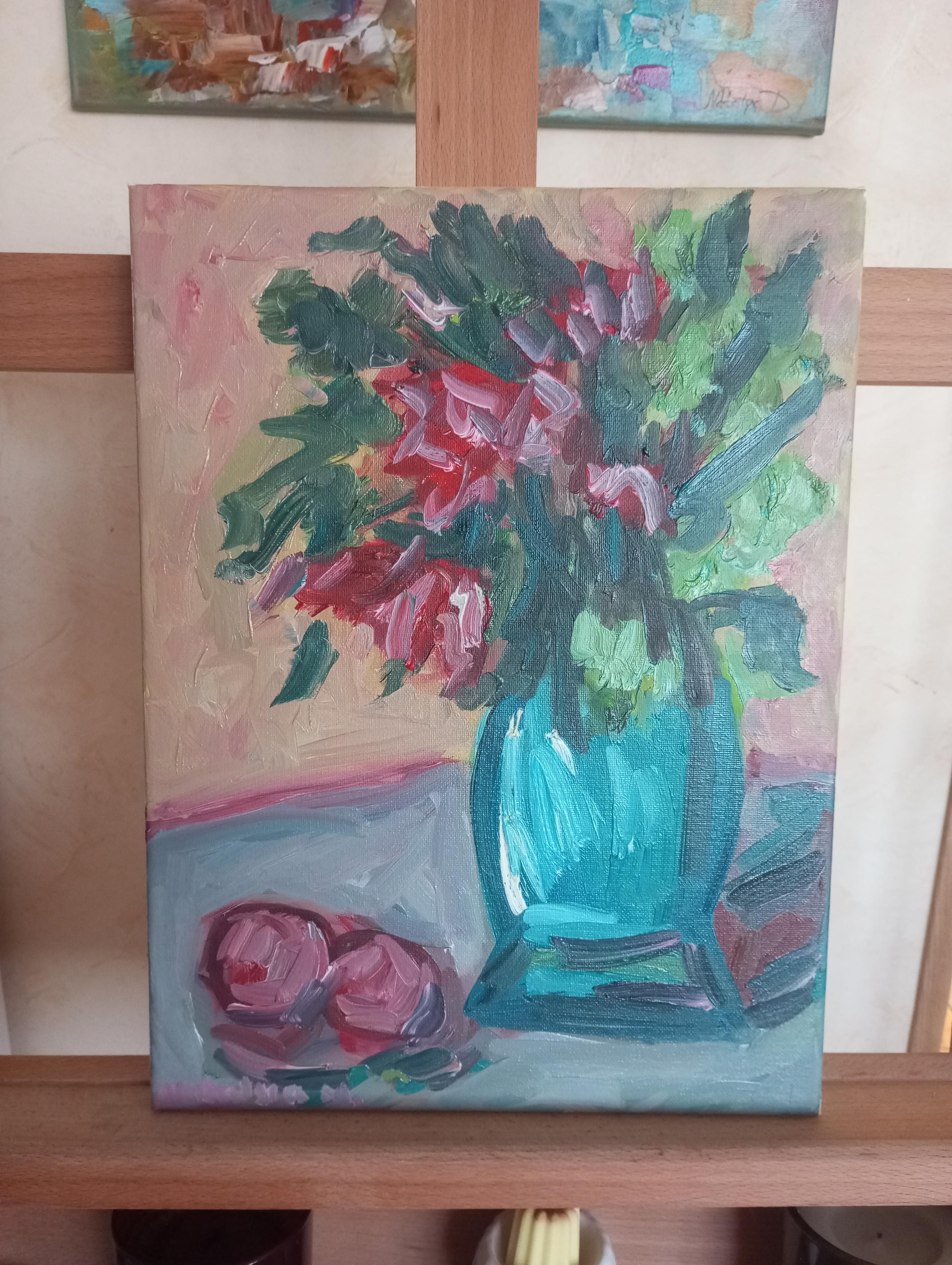Cuadro al óleo impresionista contemporáneo Rosas florales sobre lienzo listo para colgar en venta 15