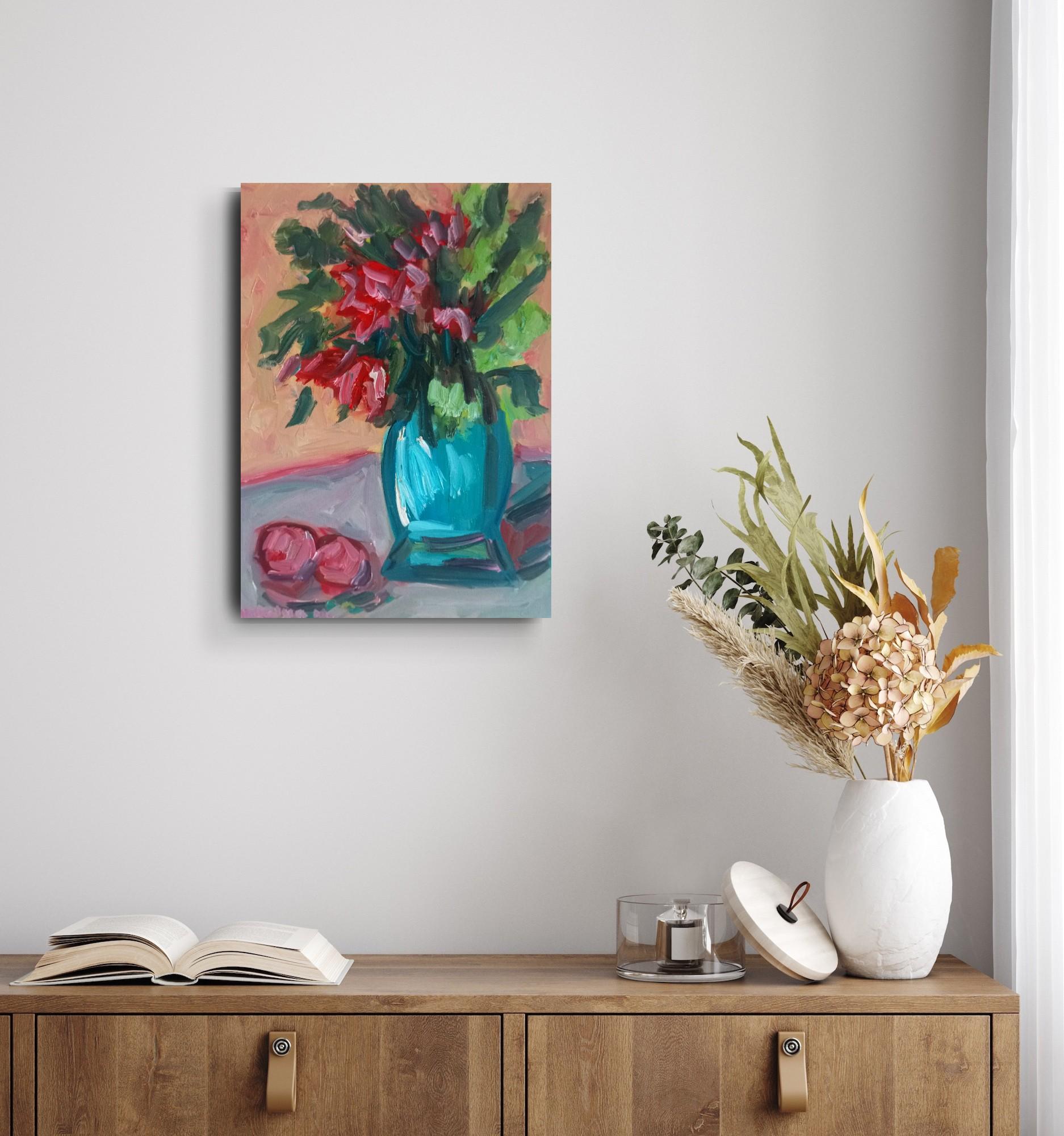 Cuadro al óleo impresionista contemporáneo Rosas florales sobre lienzo listo para colgar - Painting Expresionismo abstracto de Natalya Mougenot 