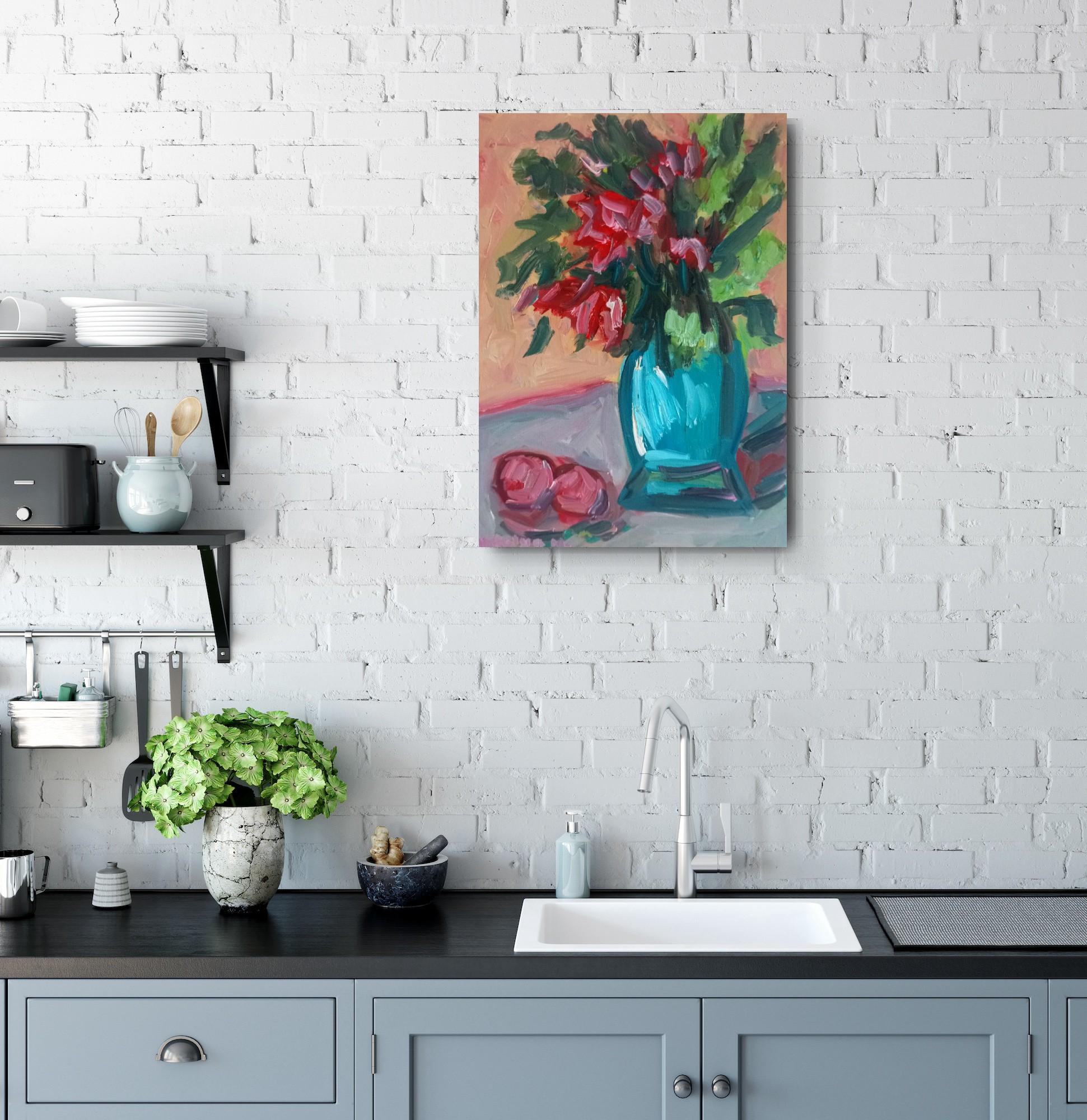 Cuadro al óleo impresionista contemporáneo Rosas florales sobre lienzo listo para colgar - Figurative Painting Gris de Natalya Mougenot 