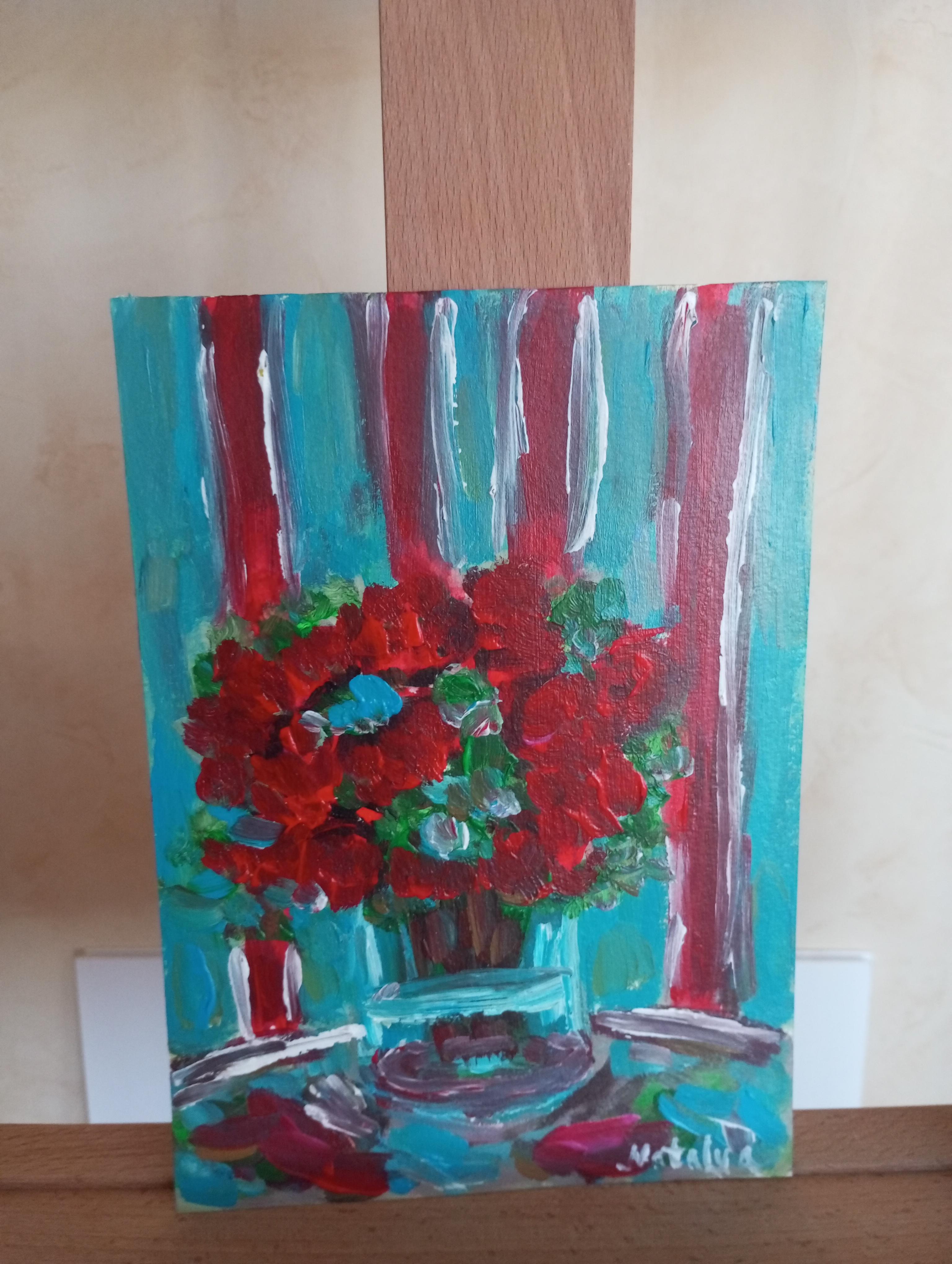 Pintura al óleo sobre papel contemporánea impresionista floral florero de rosas rojas en venta 5