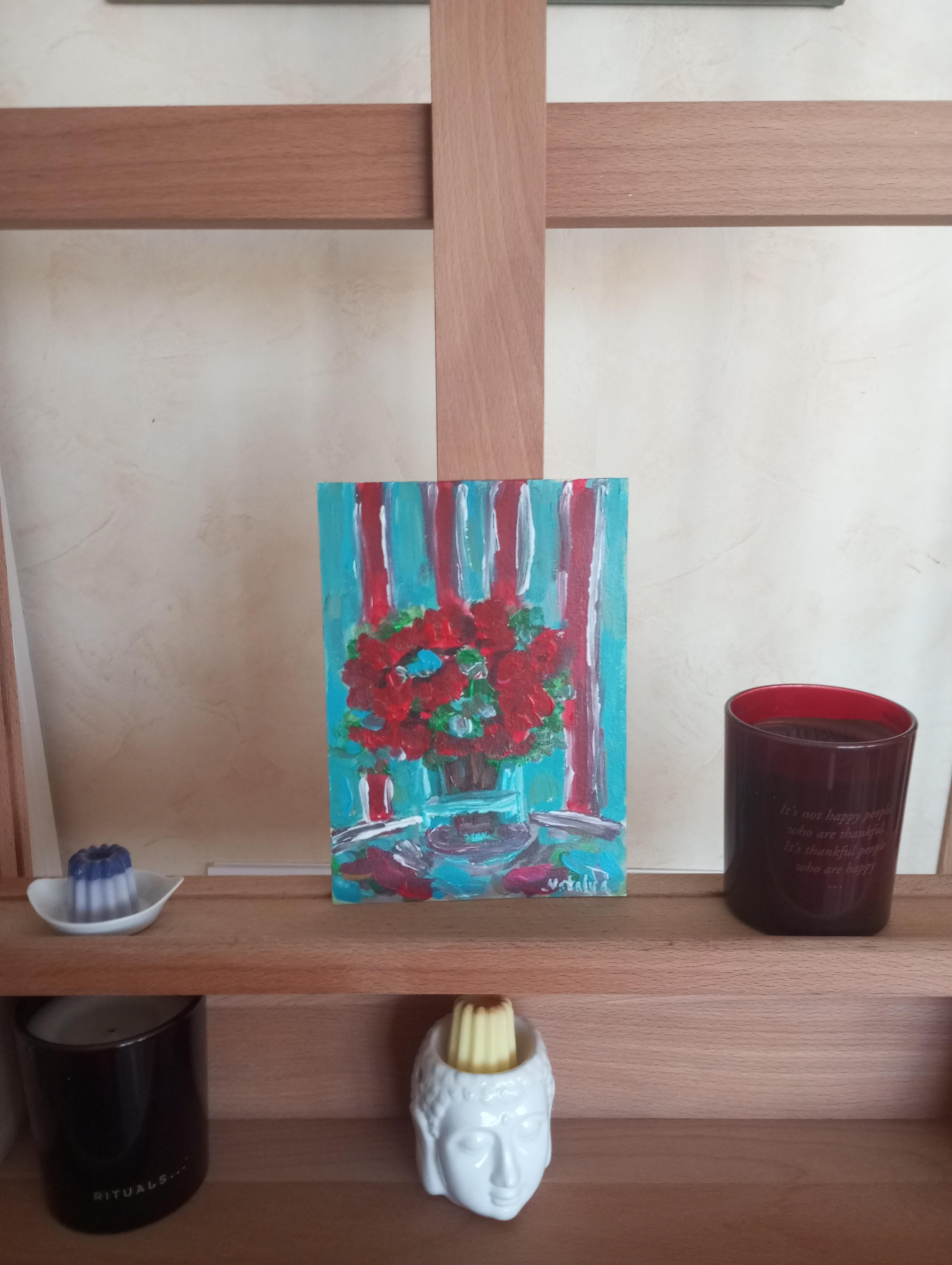 Pintura al óleo sobre papel contemporánea impresionista floral florero de rosas rojas en venta 6