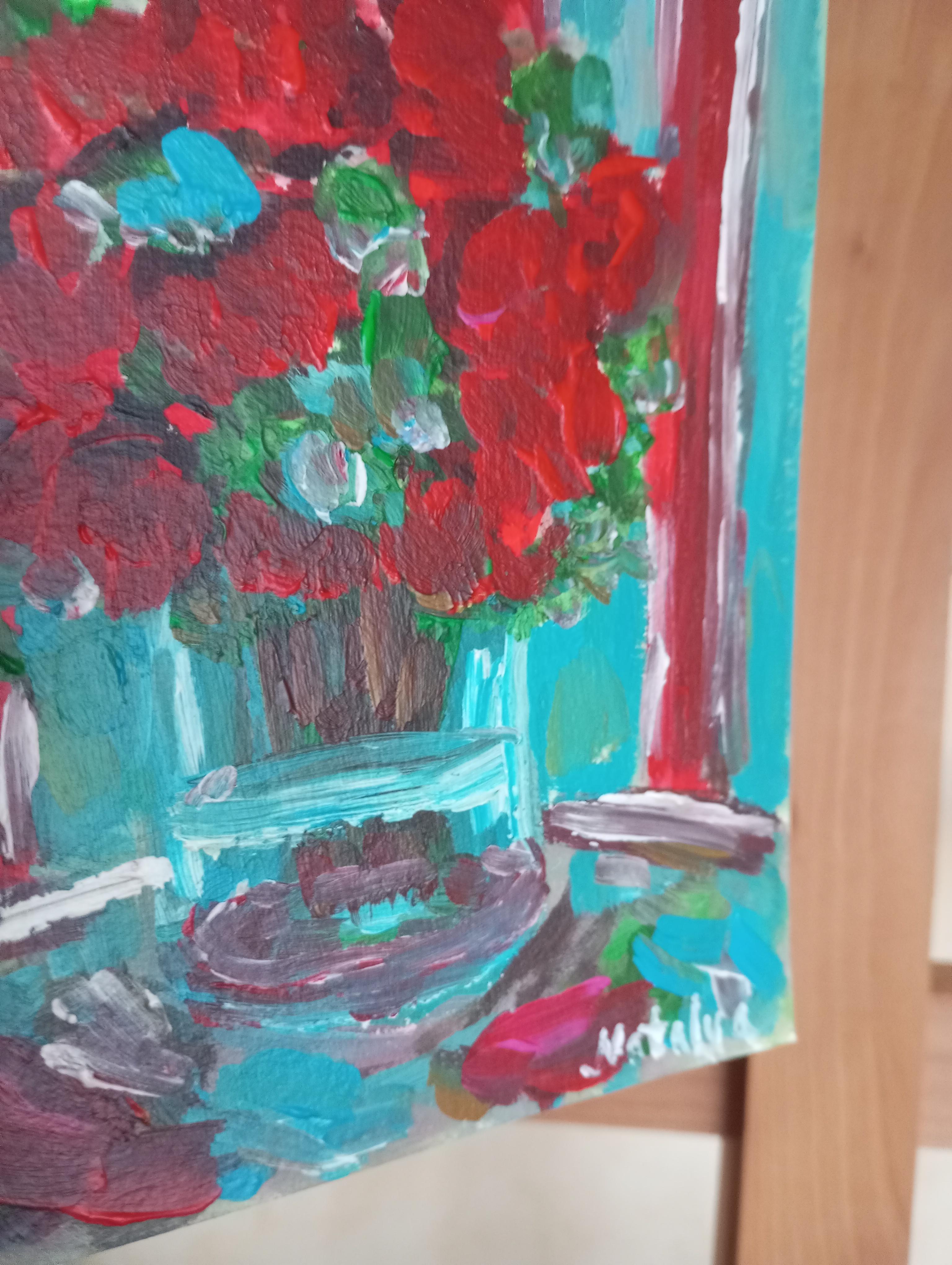 Pintura al óleo sobre papel contemporánea impresionista floral florero de rosas rojas en venta 7
