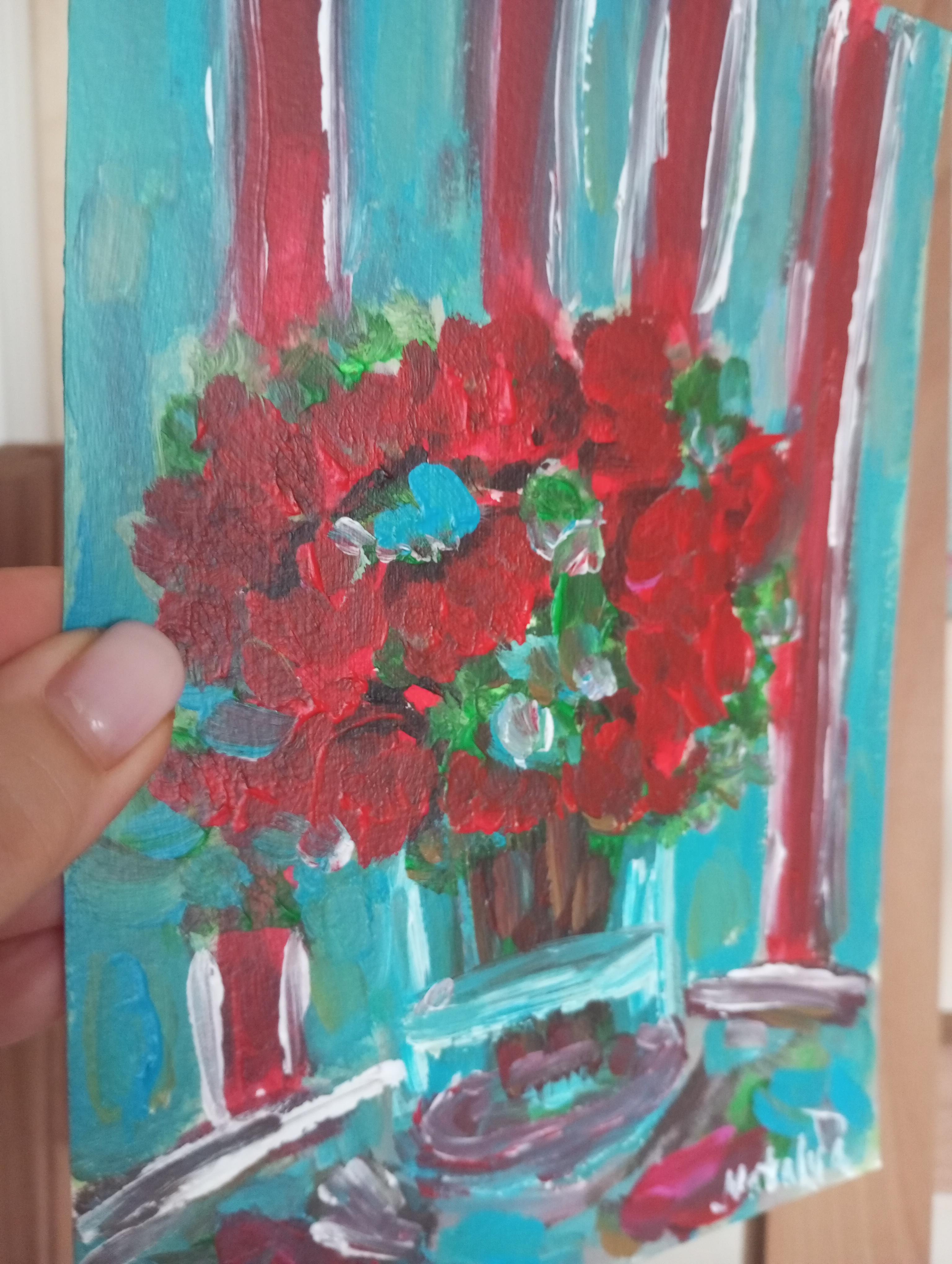 Pintura al óleo sobre papel contemporánea impresionista floral florero de rosas rojas en venta 8