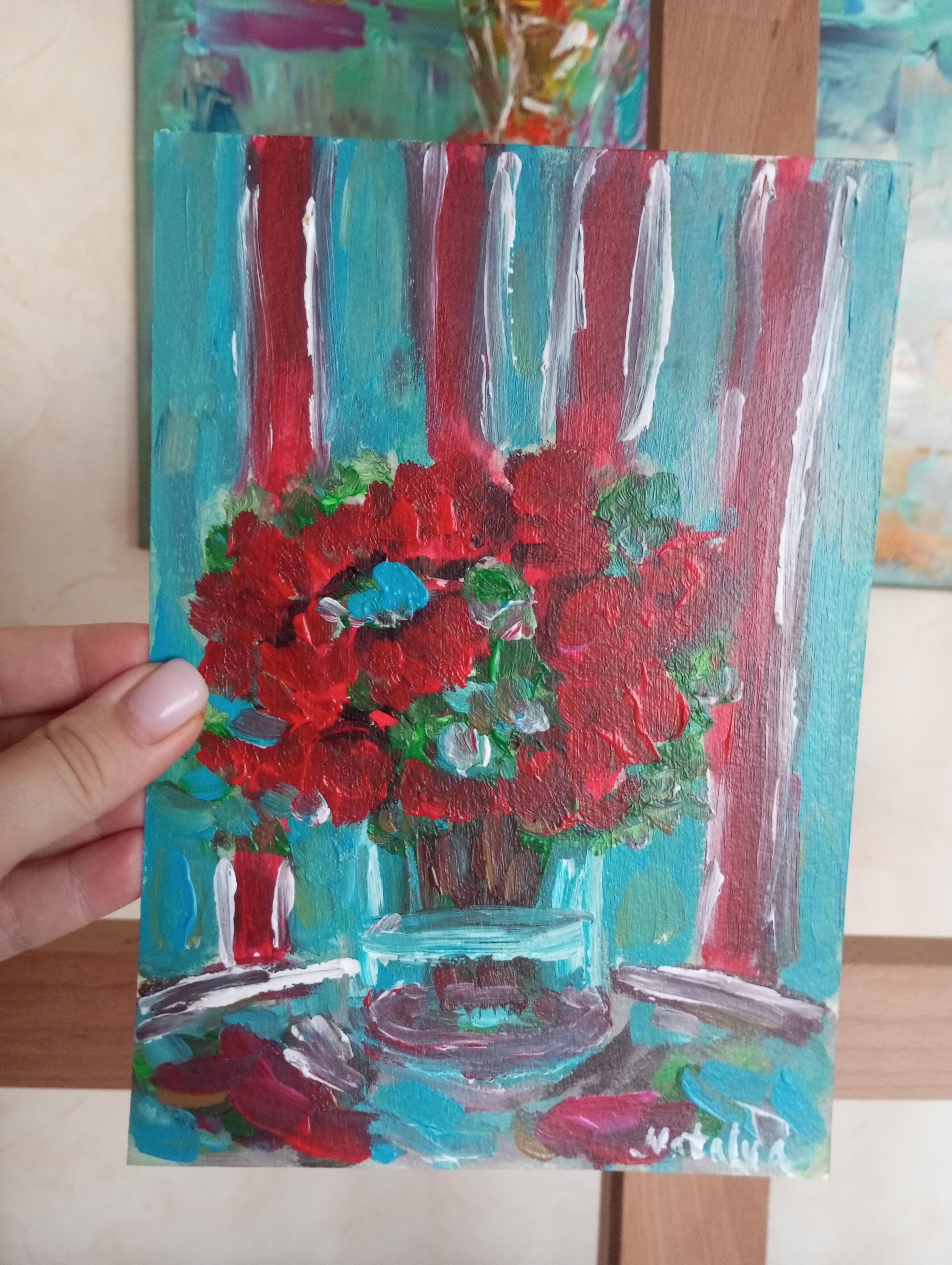 Pintura al óleo sobre papel contemporánea impresionista floral florero de rosas rojas en venta 9