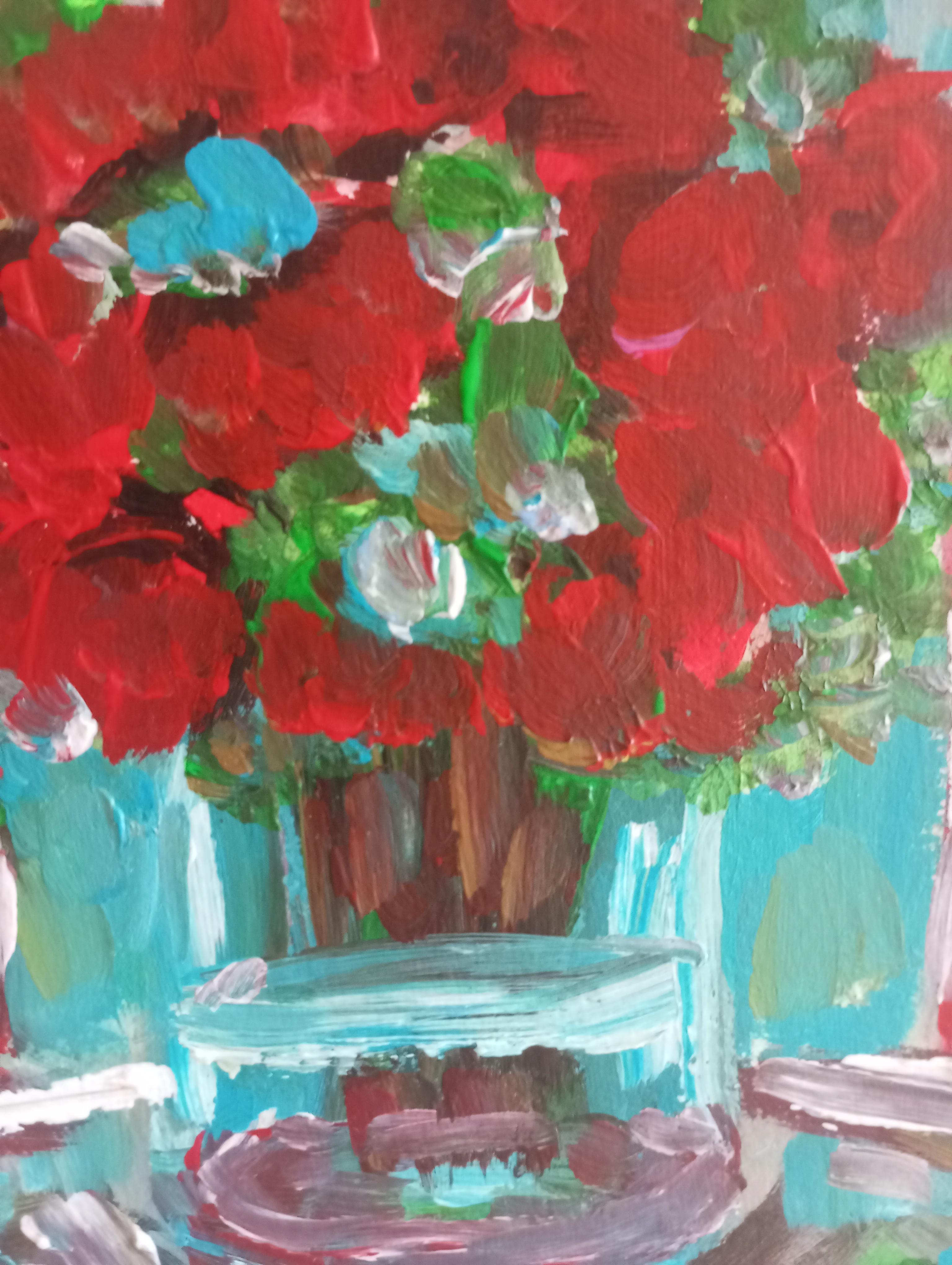 Pintura al óleo sobre papel contemporánea impresionista floral florero de rosas rojas en venta 12