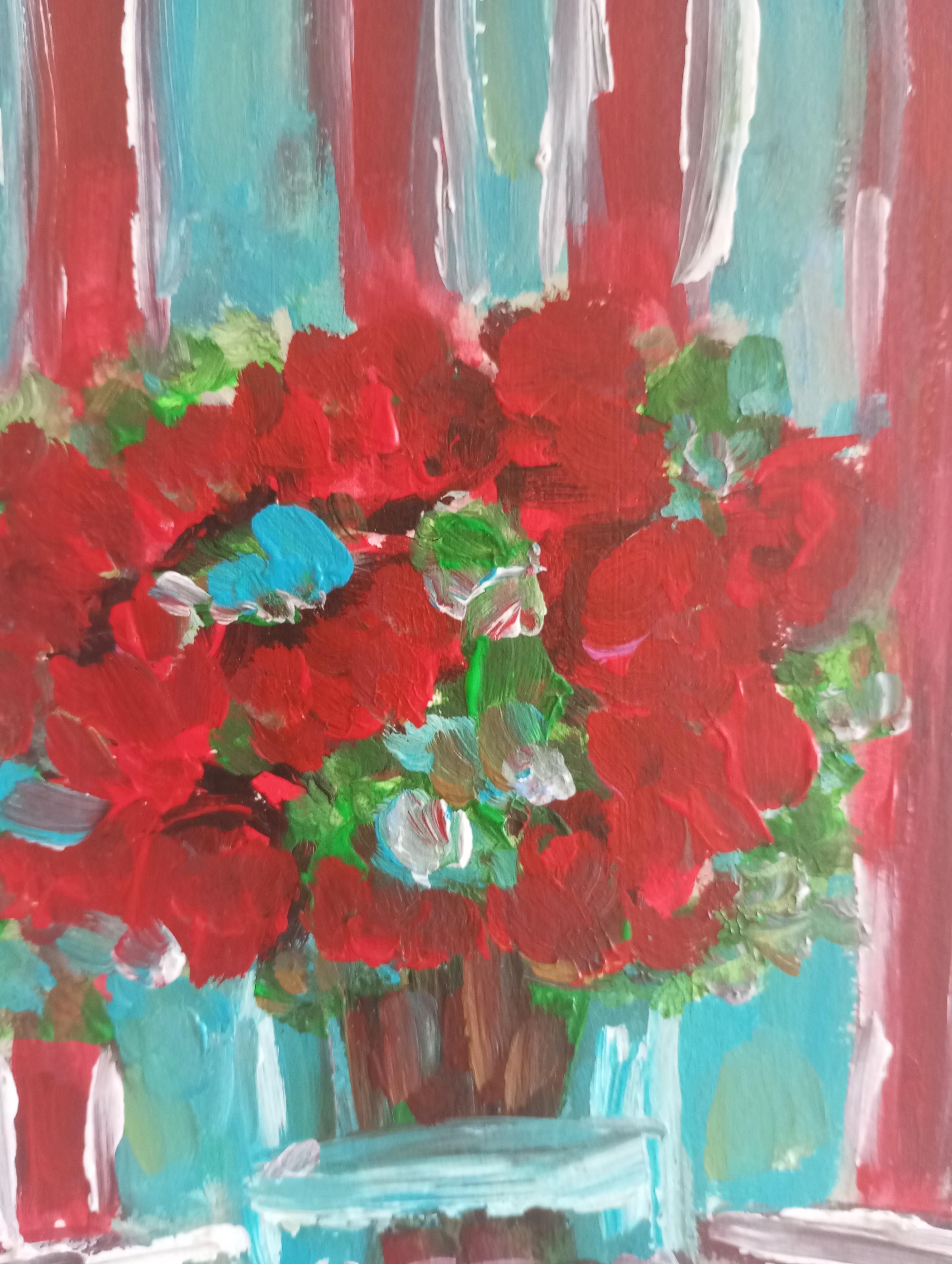 Pintura al óleo sobre papel contemporánea impresionista floral florero de rosas rojas en venta 13