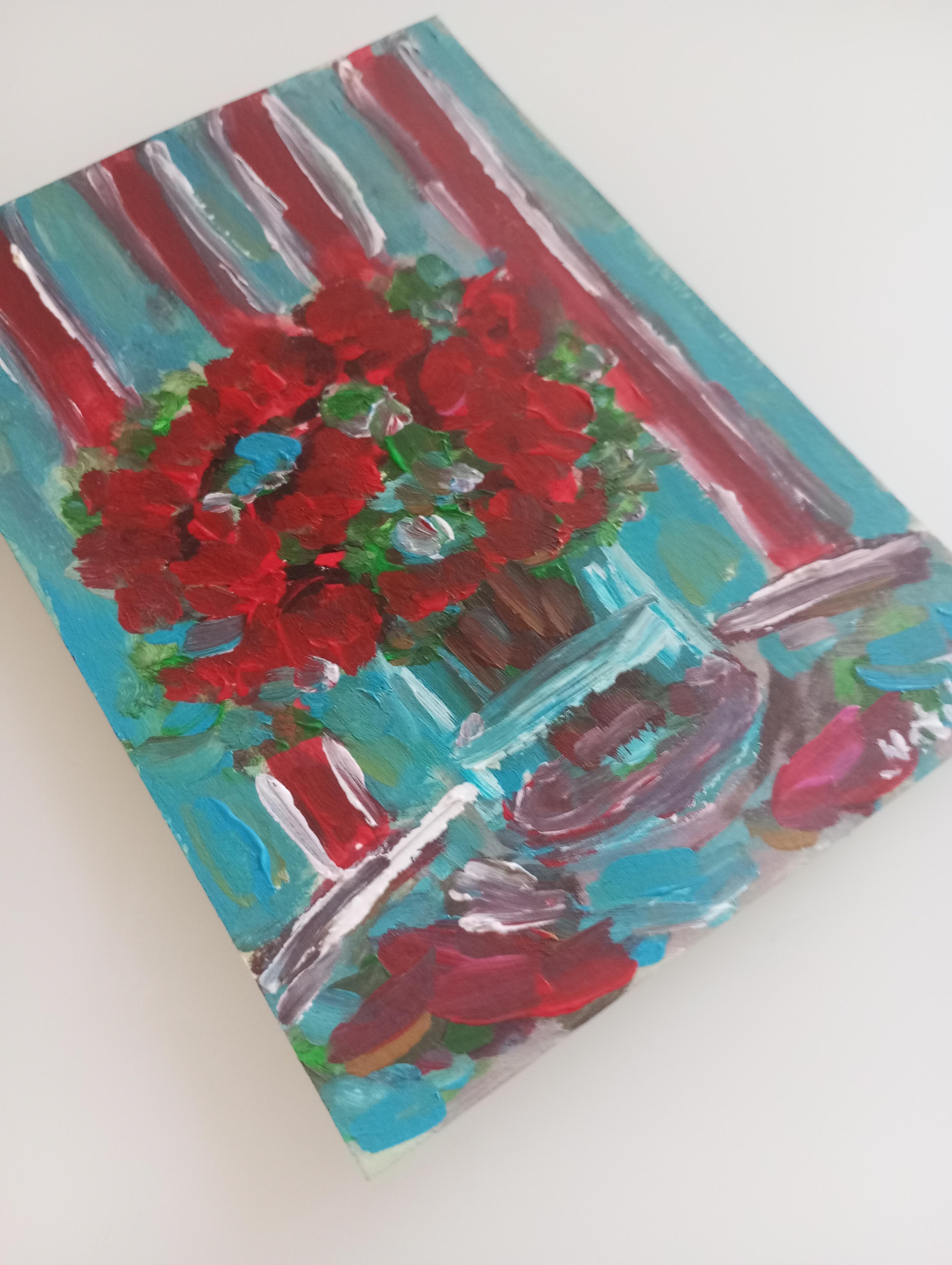 Pintura al óleo sobre papel contemporánea impresionista floral florero de rosas rojas en venta 14